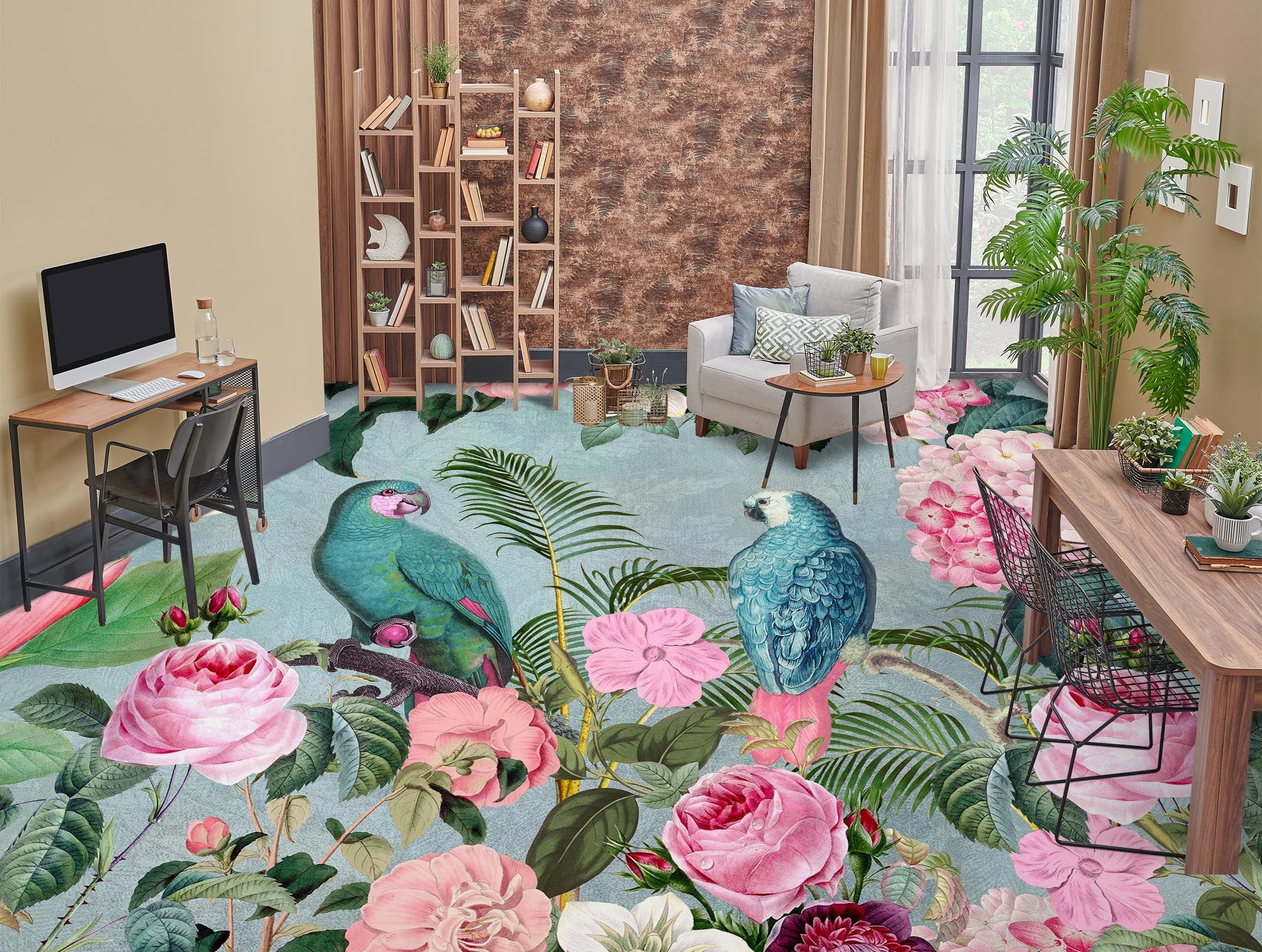 3D Flower Bush Parrot 104157 Andrea Haase Floor Mural Wallpaper Murals Self-Adhesive Removable Print Epoxy