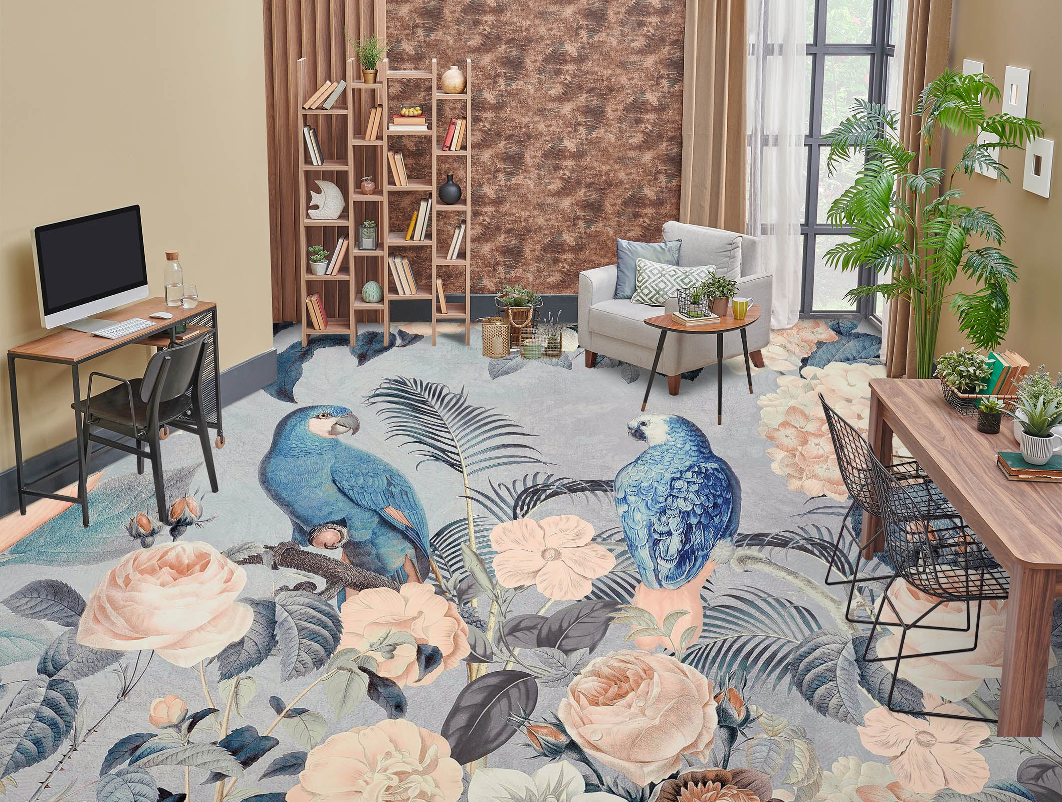 3D Blue Parrot Flower Bush 104159 Andrea Haase Floor Mural Wallpaper Murals Self-Adhesive Removable Print Epoxy