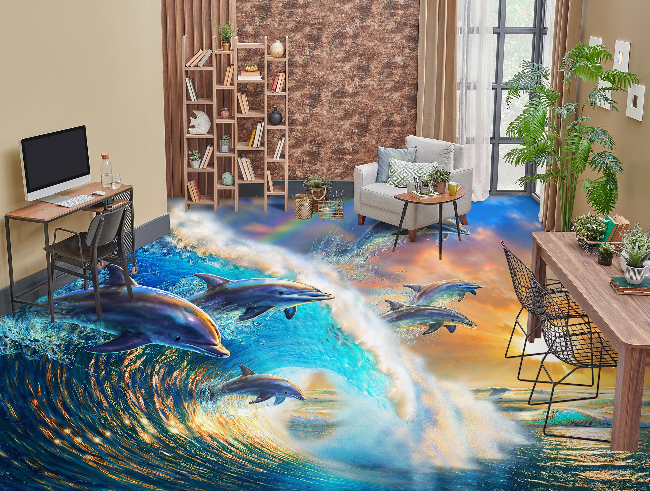 3D Surf Dolphin 96216 Adrian Chesterman Floor Mural Wallpaper Murals Self-Adhesive Removable Print Epoxy
