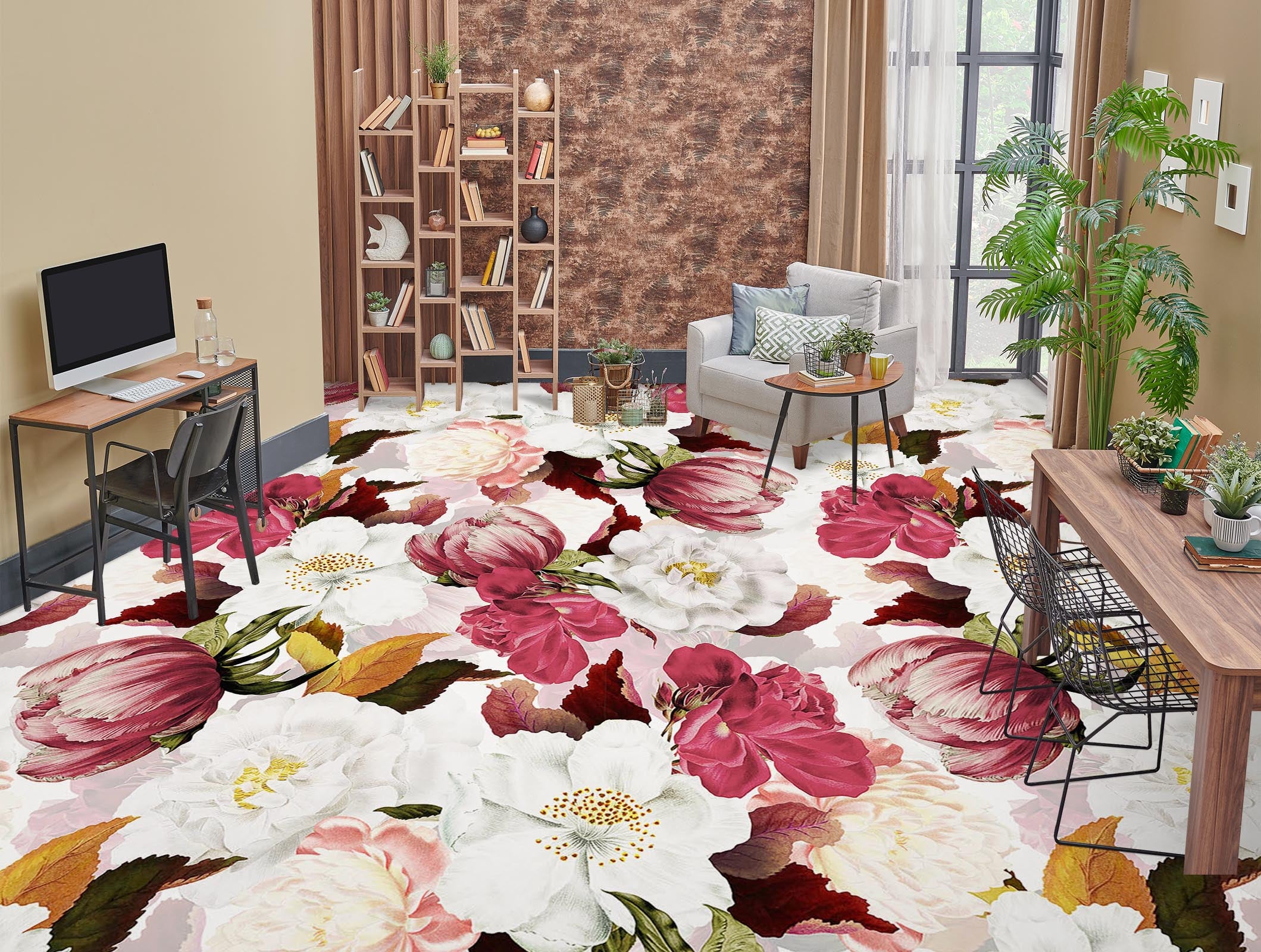 3D Pink White Flower Pattern 10014 Uta Naumann Floor Mural Wallpaper Murals Self-Adhesive Removable Print Epoxy