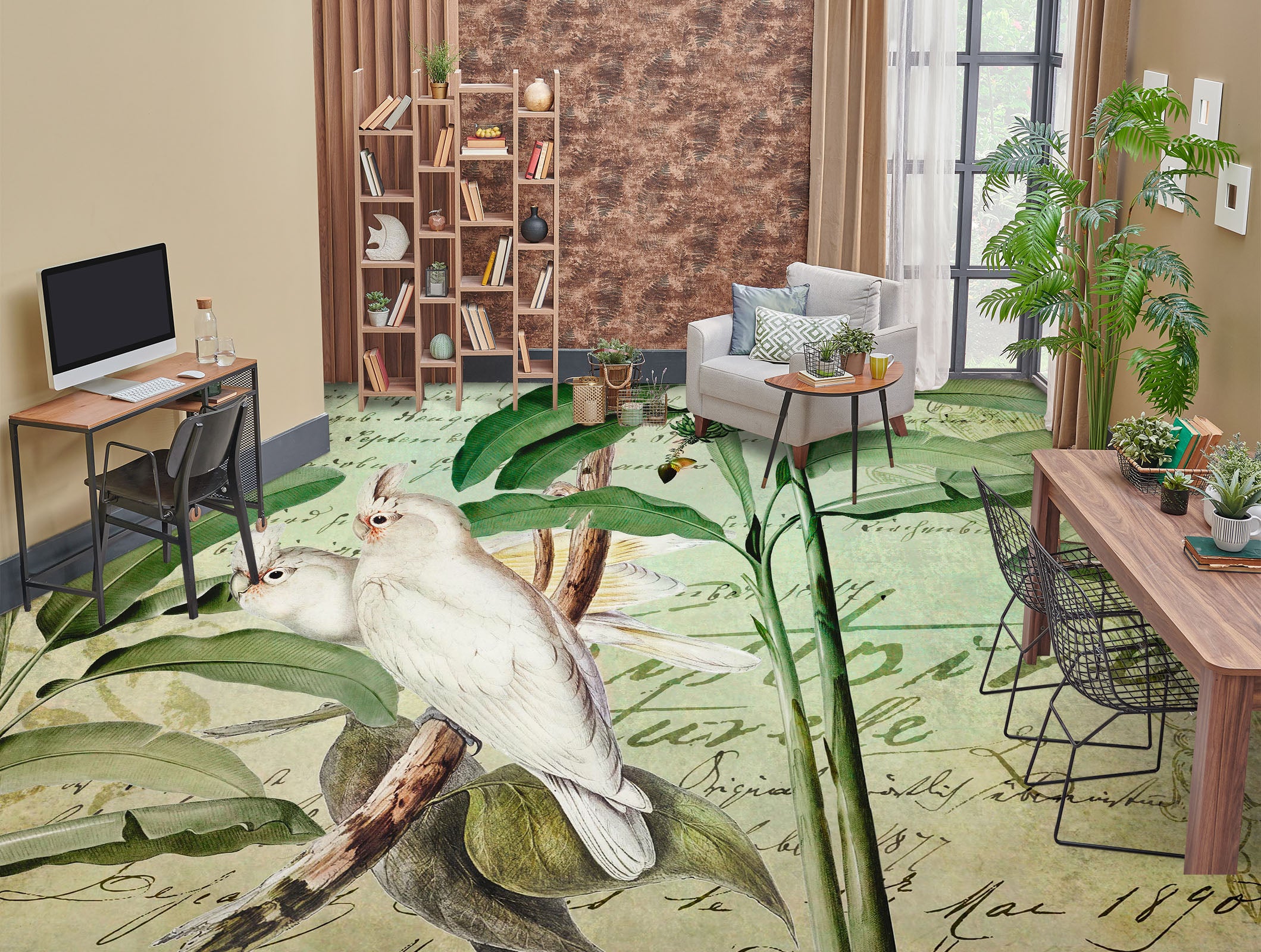3D White Parrot Leaves 104160 Andrea Haase Floor Mural Wallpaper Murals Self-Adhesive Removable Print Epoxy