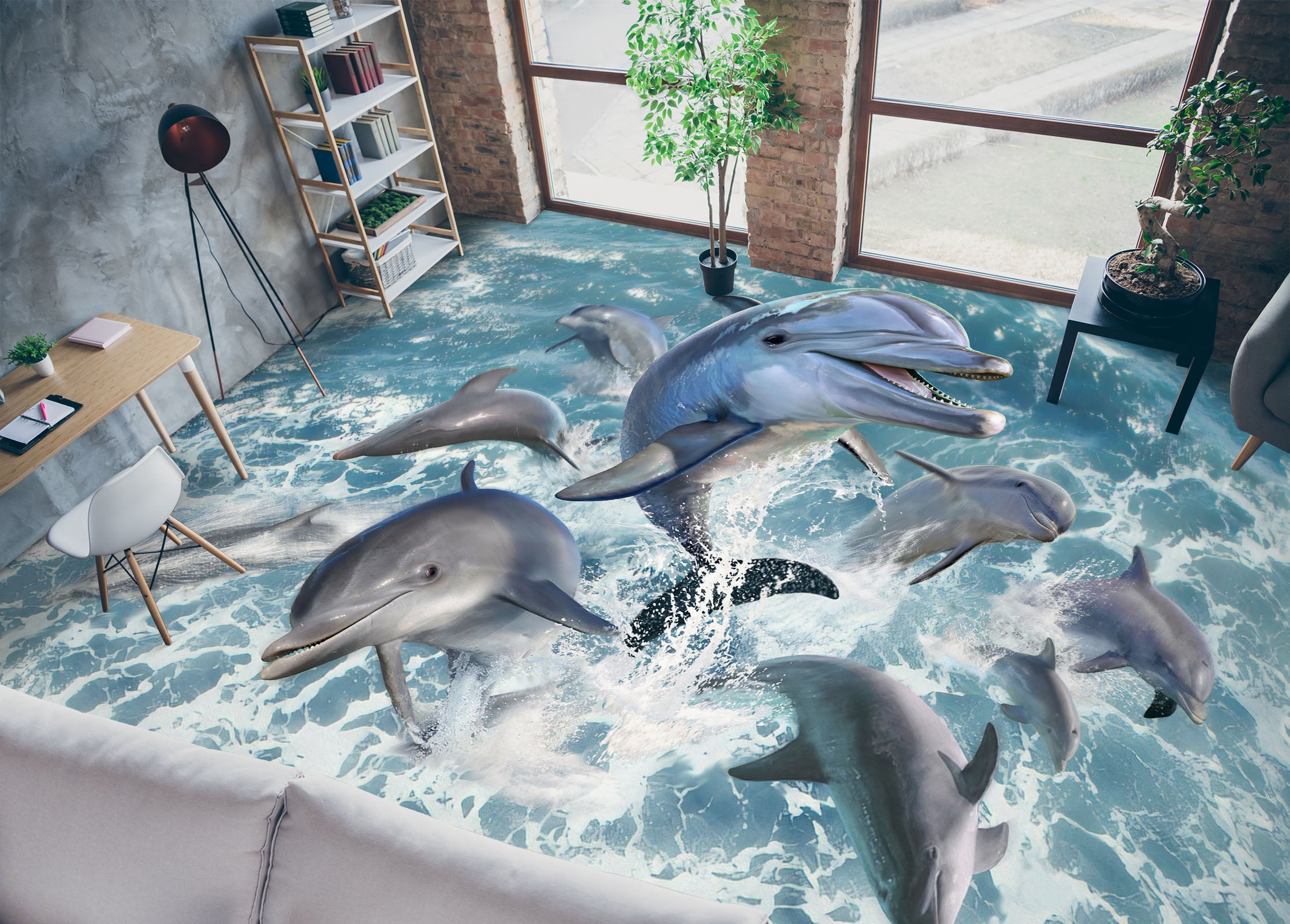 3D Dolphin Jumping Waves 96218 Jerry LoFaro Floor Mural Wallpaper Murals Self-Adhesive Removable Print Epoxy