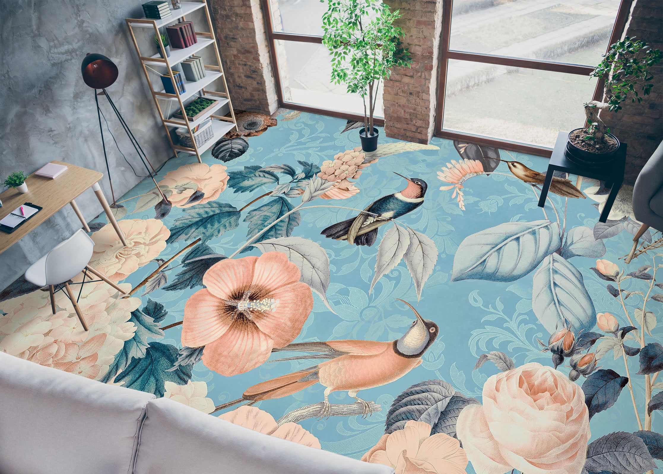 3D Flower Bird Blue 104152 Andrea Haase Floor Mural Wallpaper Murals Self-Adhesive Removable Print Epoxy