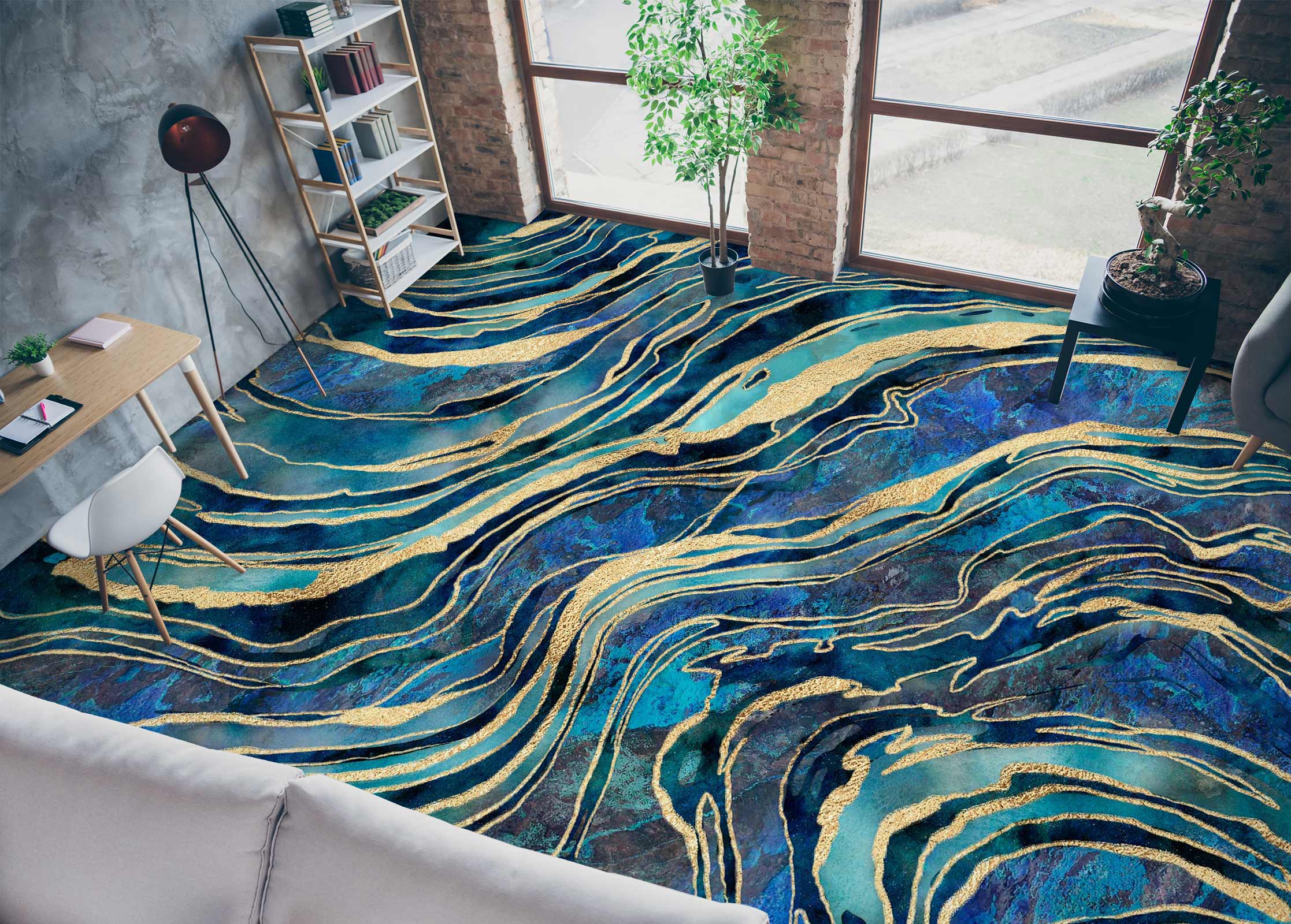 3D Teal Gold Stripes 102124 Andrea Haase Floor Mural Wallpaper Murals Self-Adhesive Removable Print Epoxy