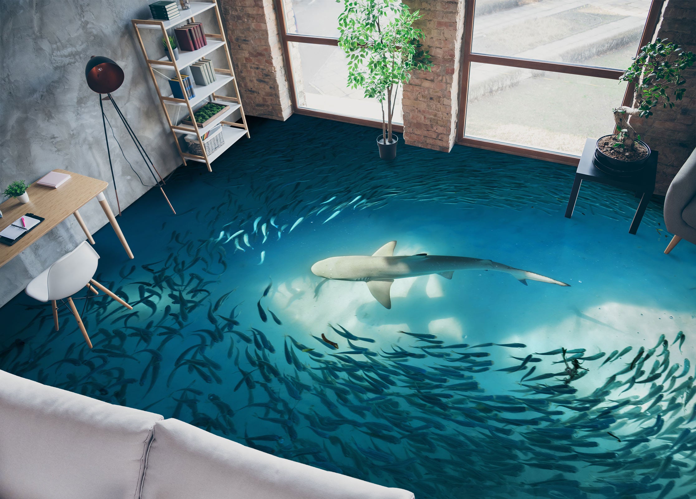 3D Light And Shark 651 Floor Mural
