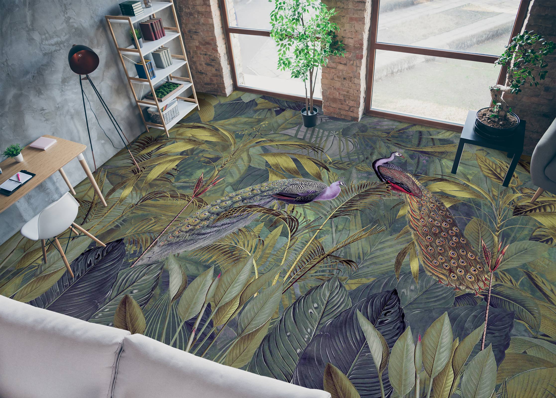 3D Jungle Leaves Peacock 10044 Andrea Haase Floor Mural Wallpaper Murals Self-Adhesive Removable Print Epoxy