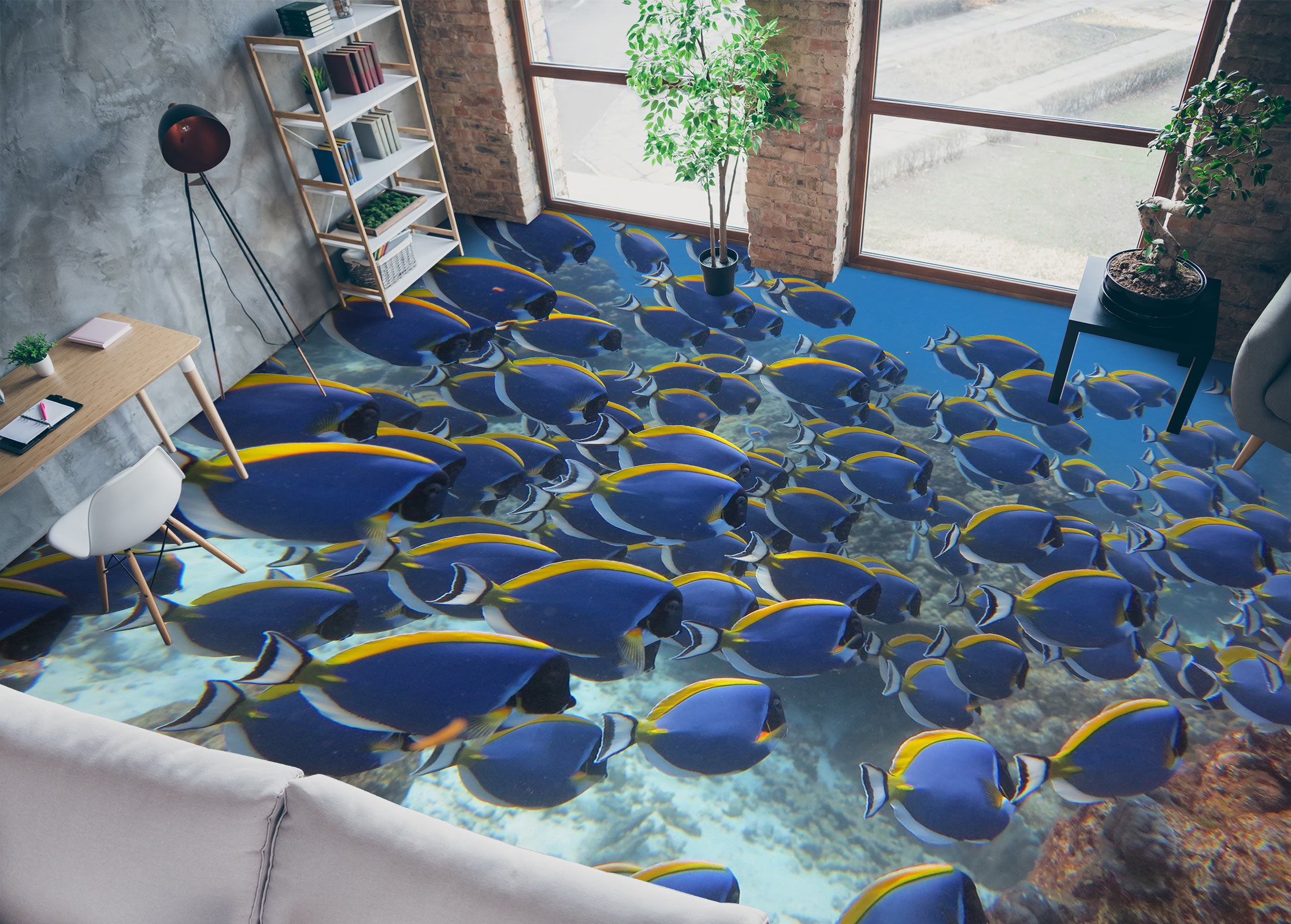 3D Blue-yellow Fish 629 Floor Mural Wallpaper Murals Rug & Mat Print Epoxy waterproof bath floor