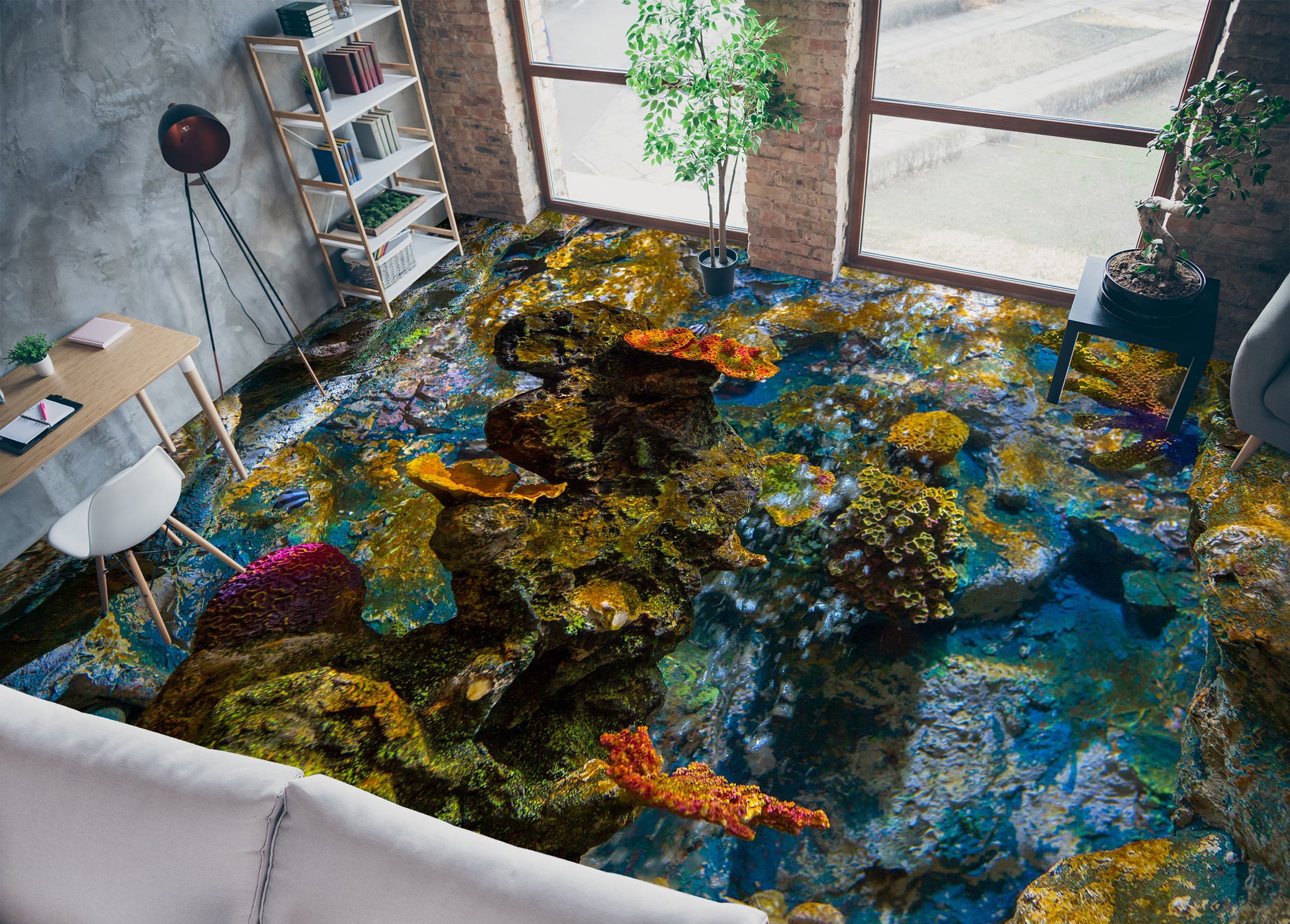 3D Dark Green Coral 092 Floor Mural Wallpaper Murals Rug & Mat Print Epoxy waterproof bath floor