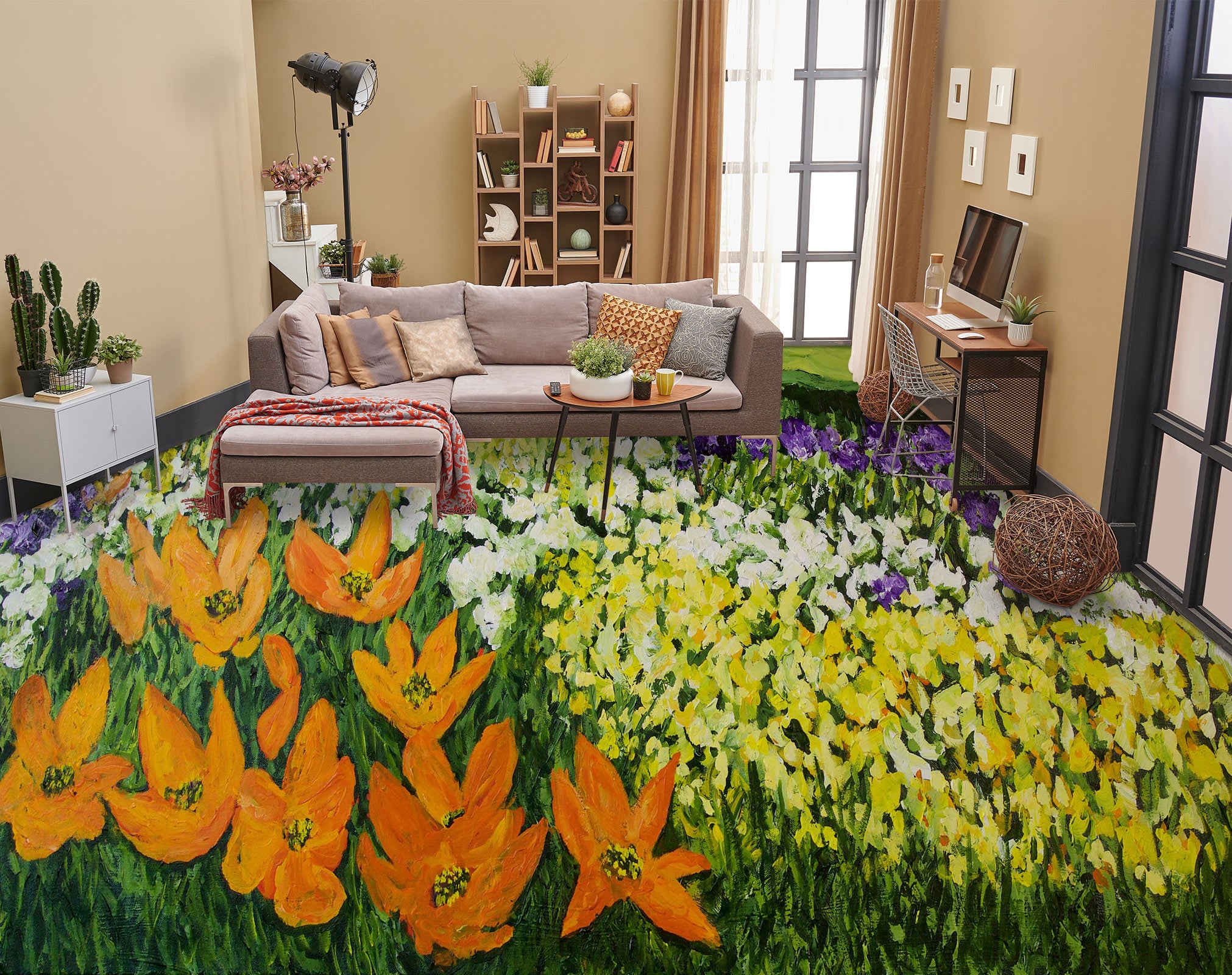 3D Yellow Orange Flowers 9644 Allan P. Friedlander Floor Mural Wallpaper Murals Self-Adhesive Removable Print Epoxy
