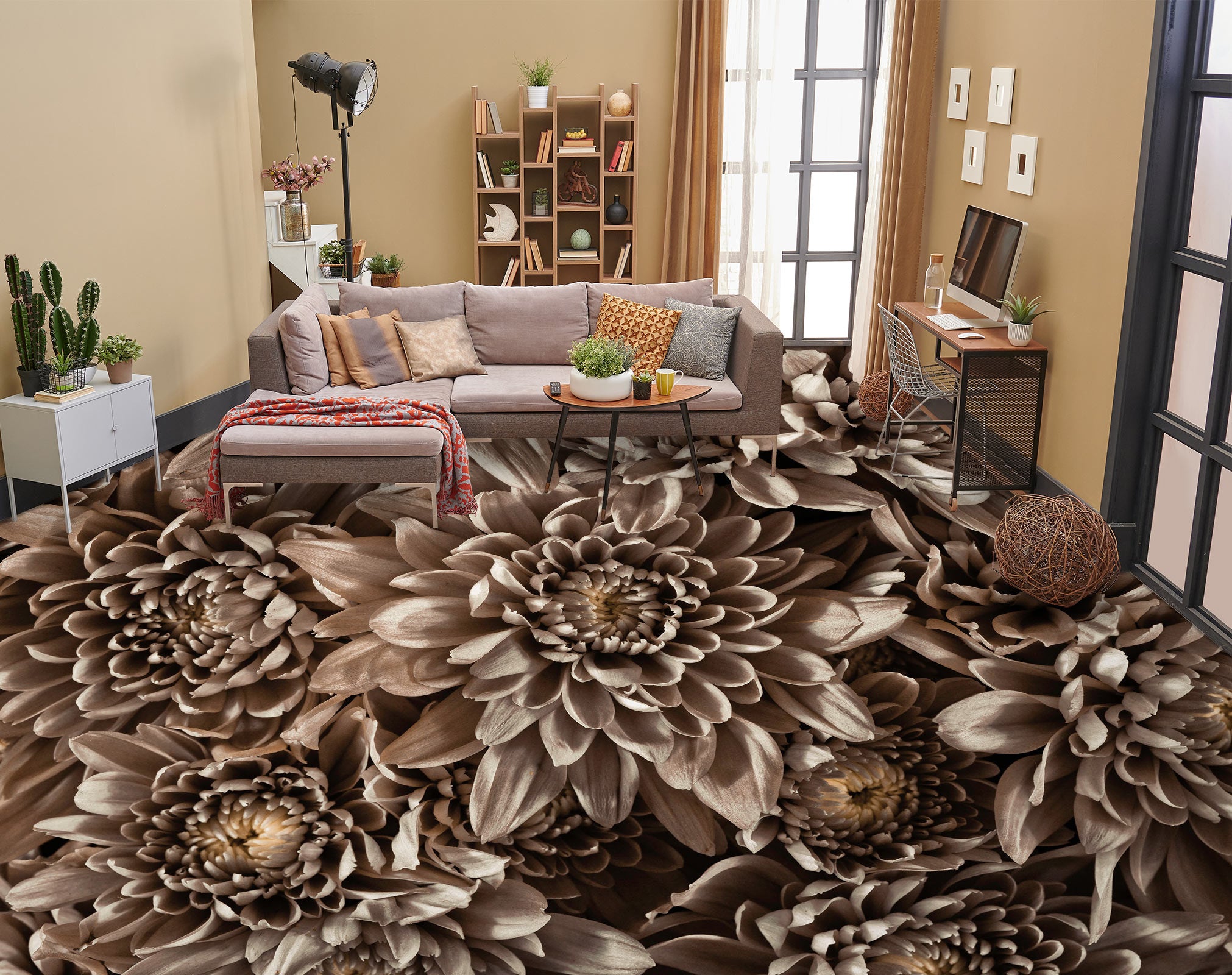 3D Flowers Brown 9863 Assaf Frank Floor Mural Wallpaper Murals Self-Adhesive Removable Print Epoxy