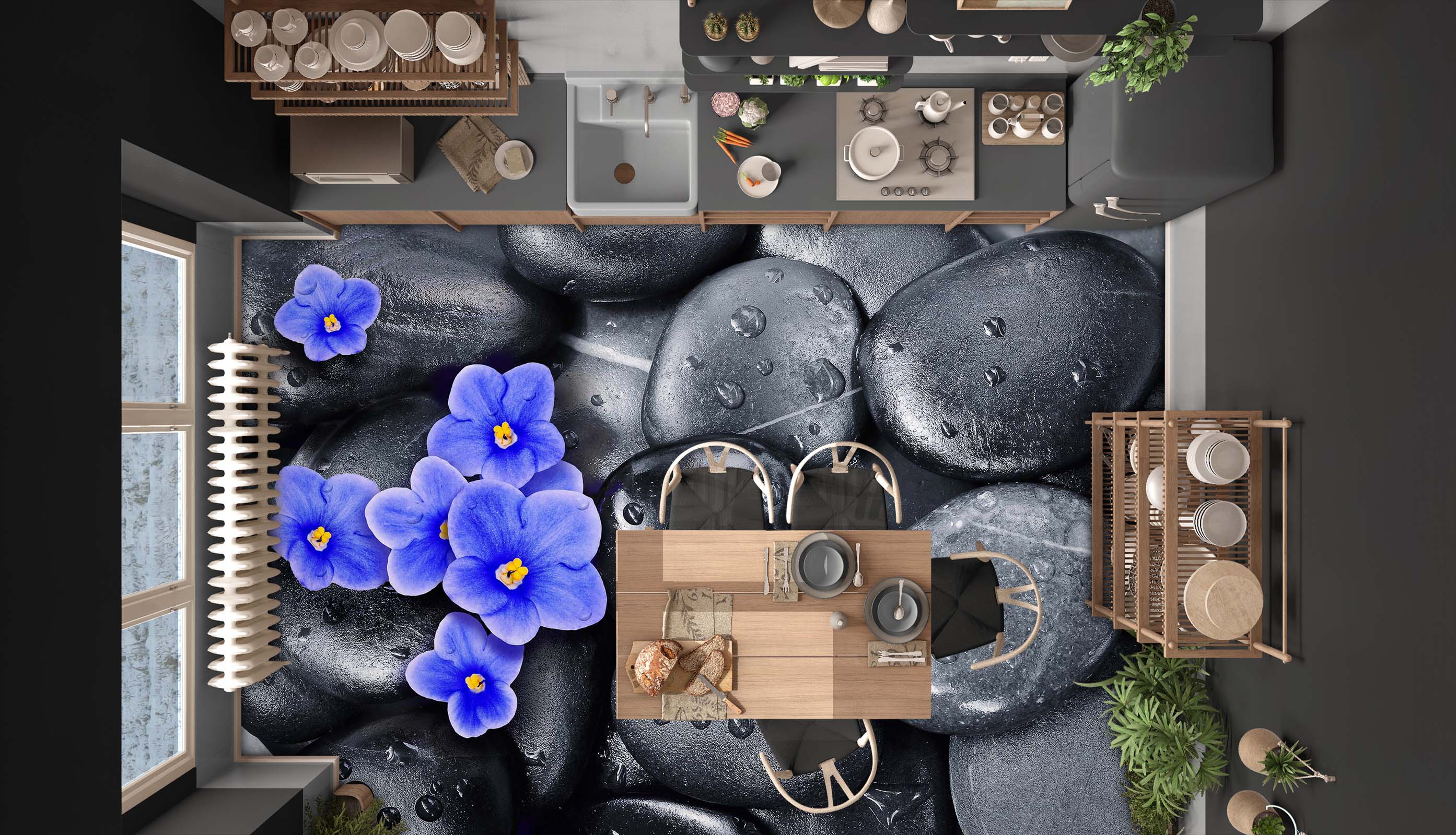 3D Purple Flowers And Black Pebbles 359 Floor Mural Wallpaper Murals Rug & Mat Print Epoxy waterproof bath floor