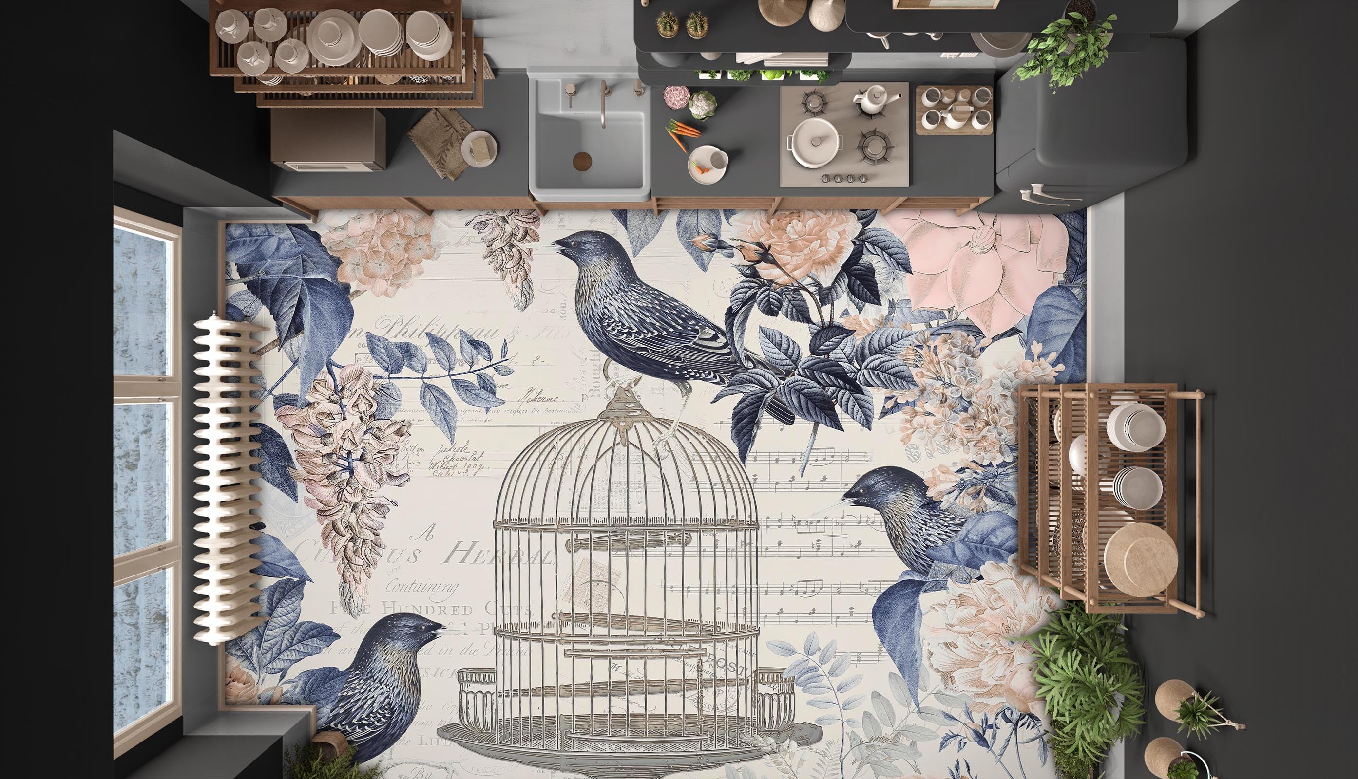3D Birdcage Flowers 140135 Andrea Haase Floor Mural Wallpaper Murals Self-Adhesive Removable Print Epoxy