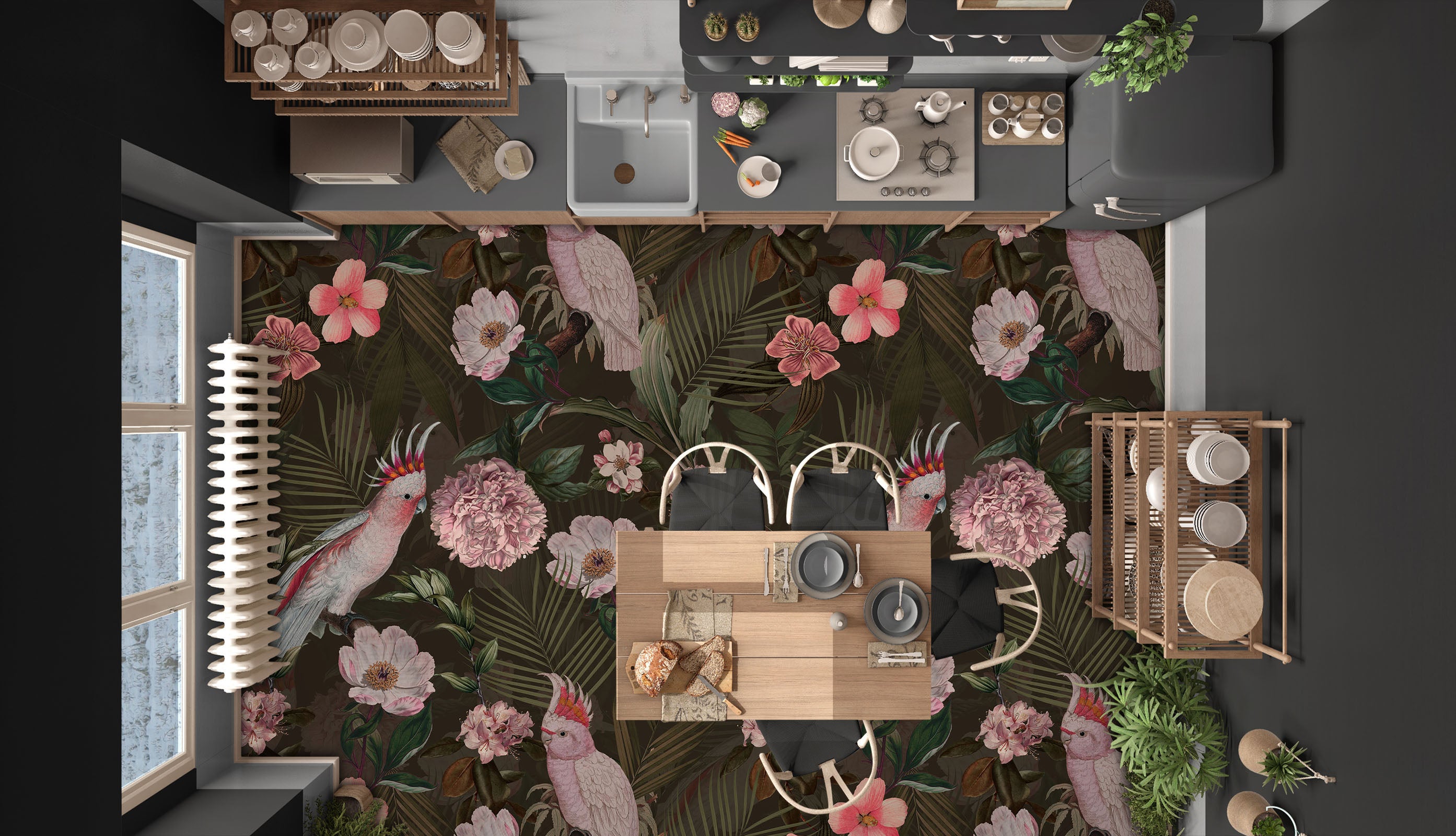 3D Pink Flower Parrot Pattern 99213 Uta Naumann Floor Mural Wallpaper Murals Self-Adhesive Removable Print Epoxy