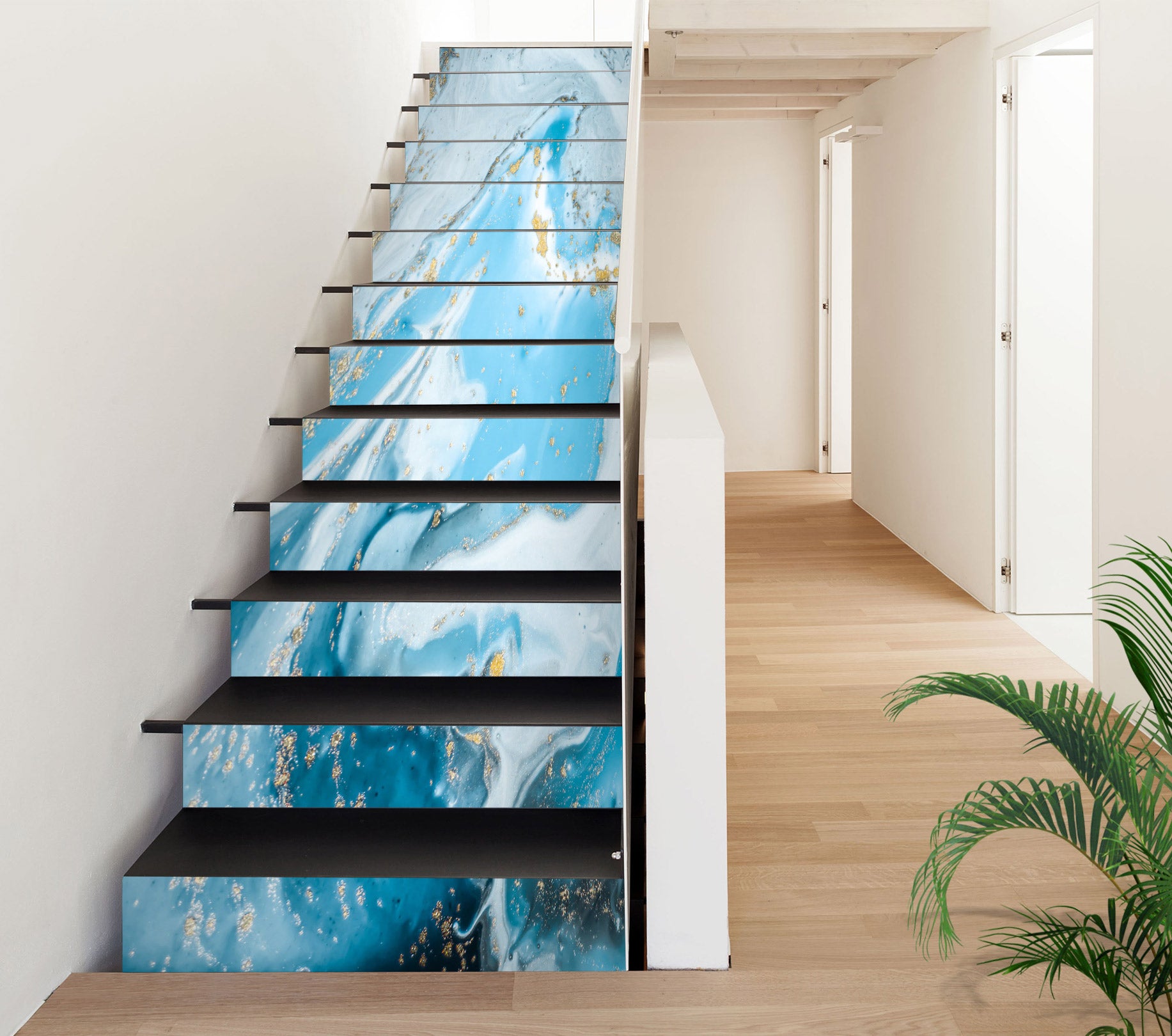 3D Blue And Gold Waves 308 Stair Risers