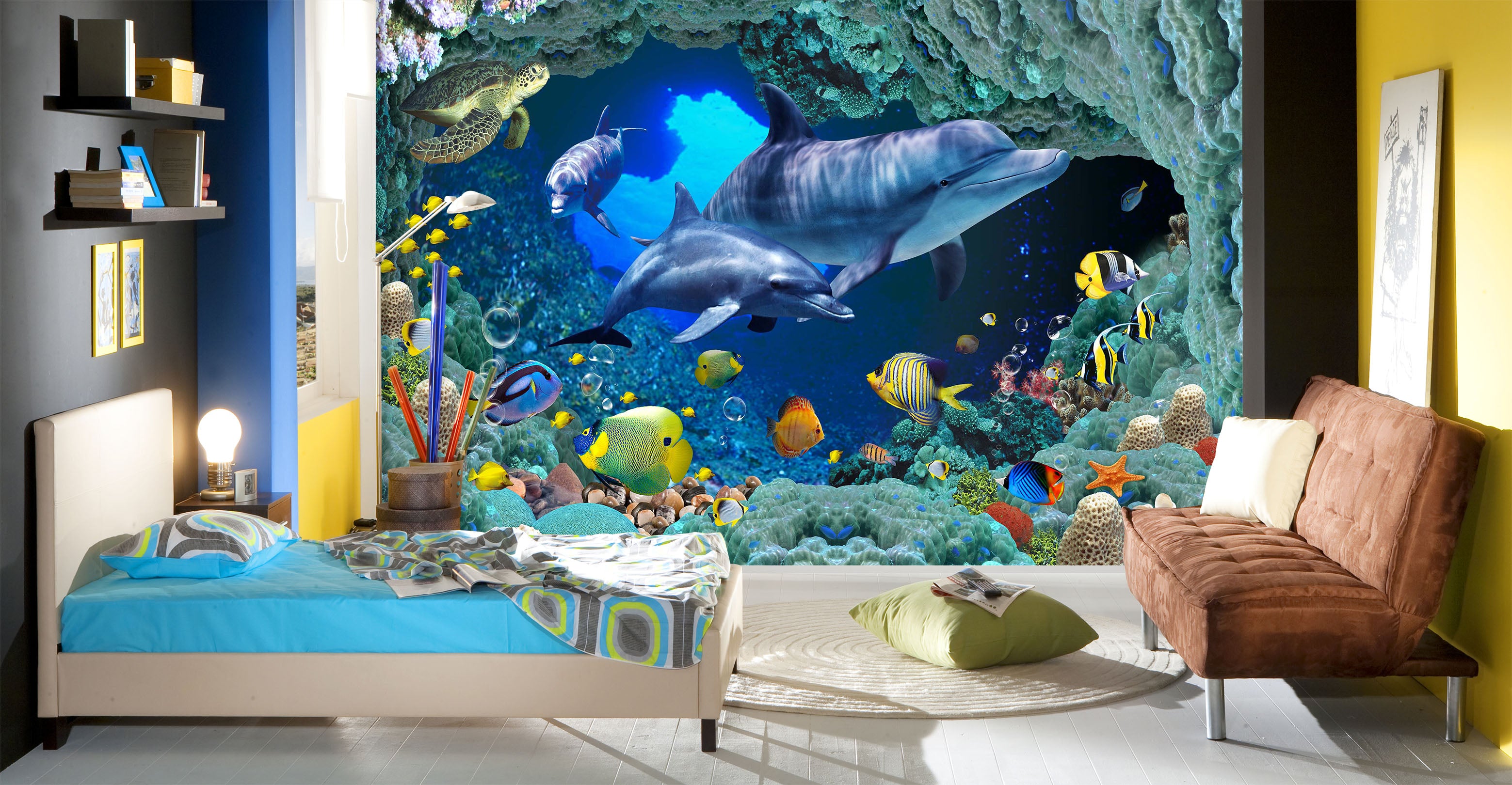 3D Dolphin Swimming 1636 Wall Murals