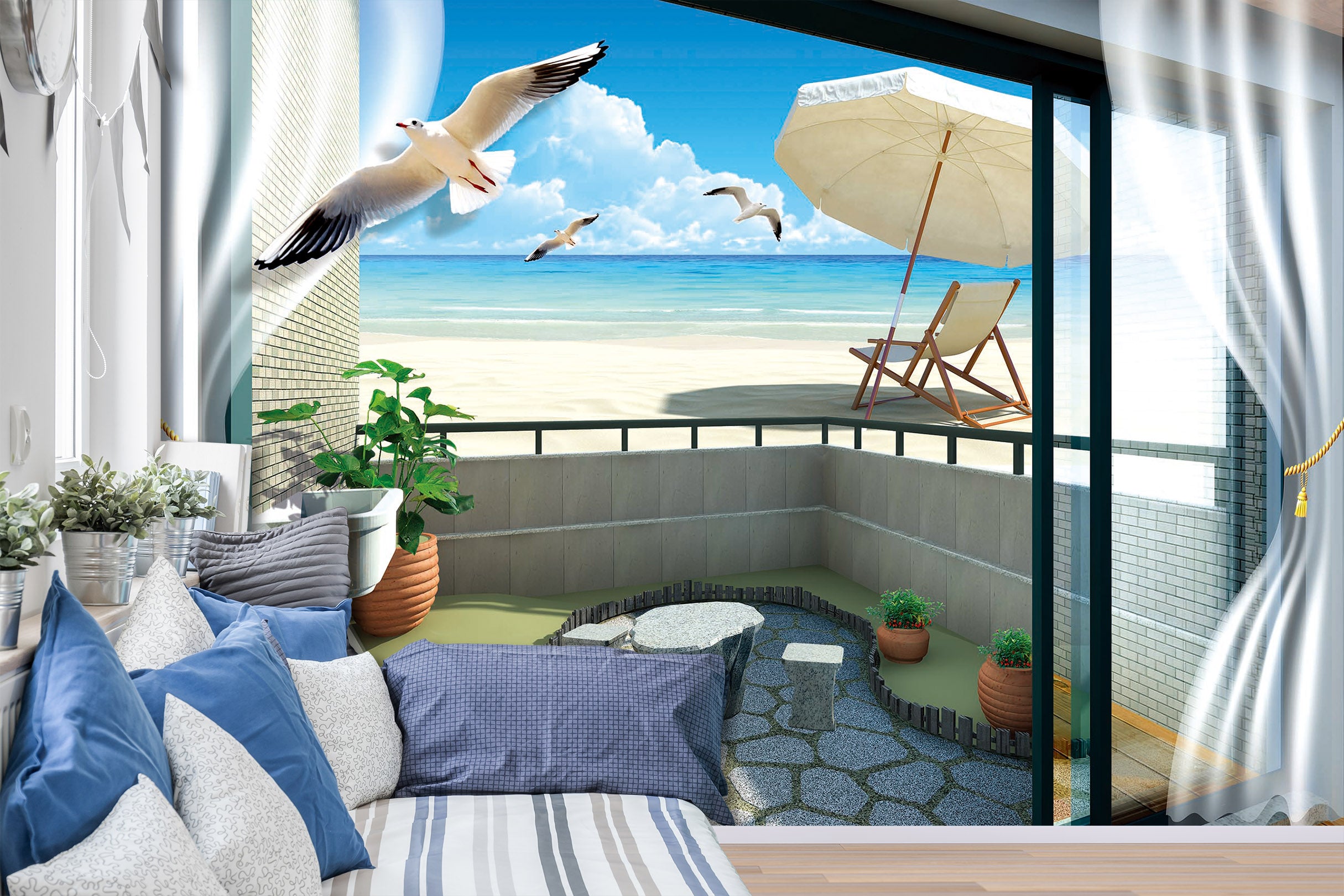 3D Seagull Sea 1516 Wall Murals