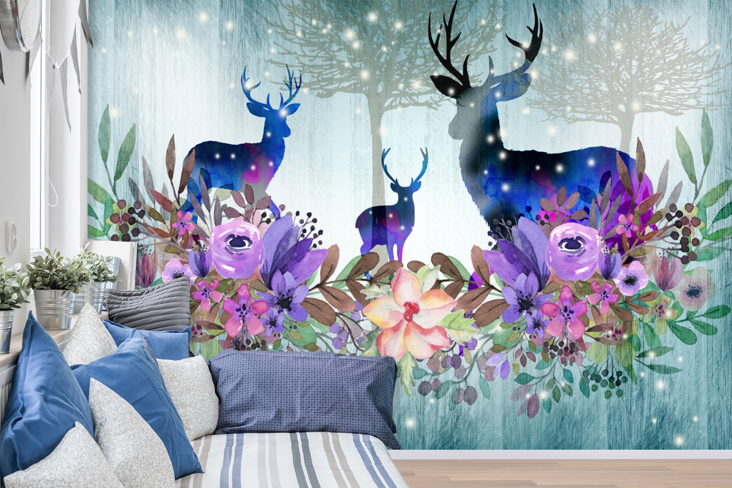 3D Flower Deer 1453 Wall Murals