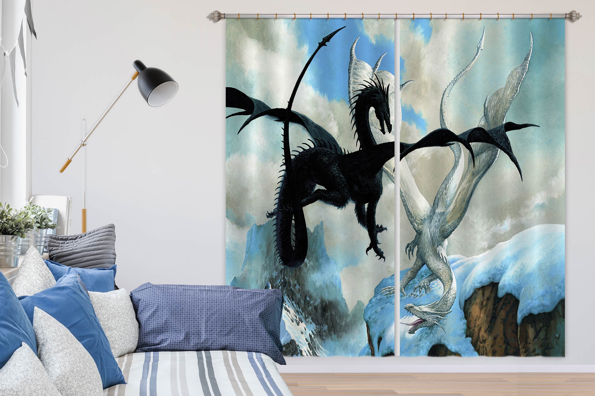 3D Snow Mountain Black White Dragon 7214 Ciruelo Curtain Curtains Drapes