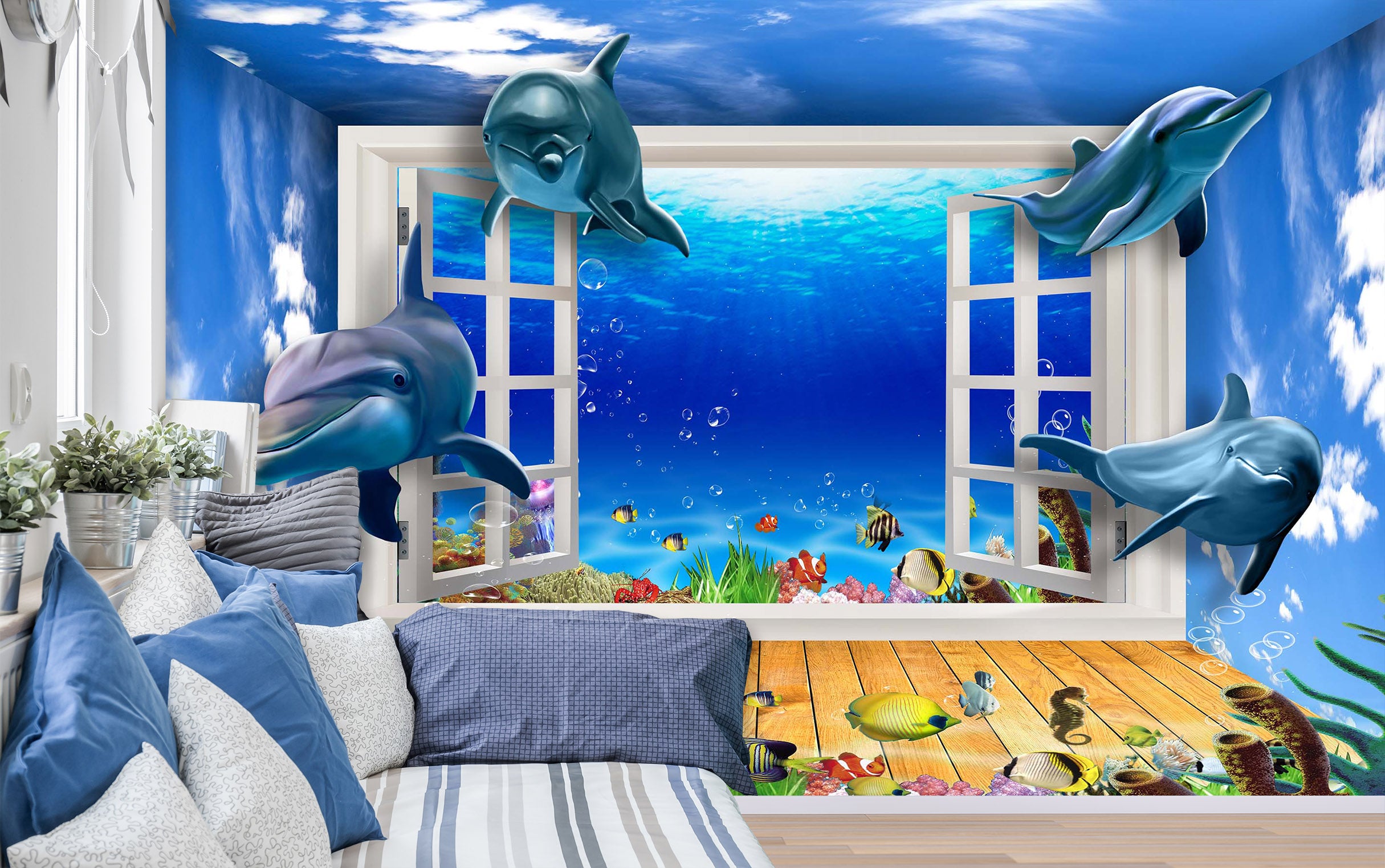3D Cute Dolphin 1410 Wall Murals