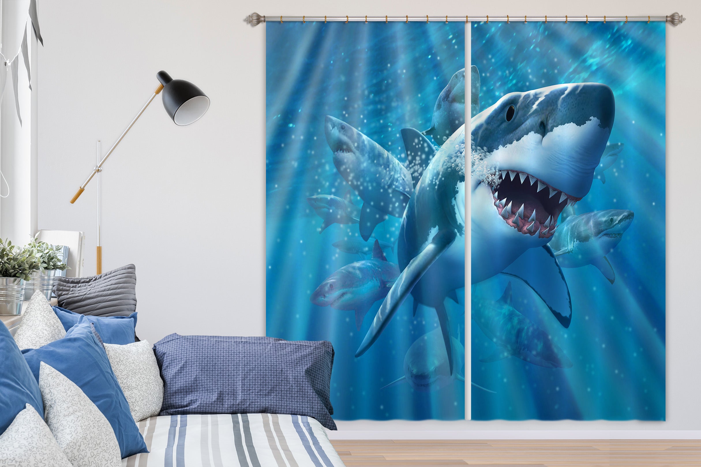 3D Great White Shark 066 Jerry LoFaro Curtain Curtains Drapes