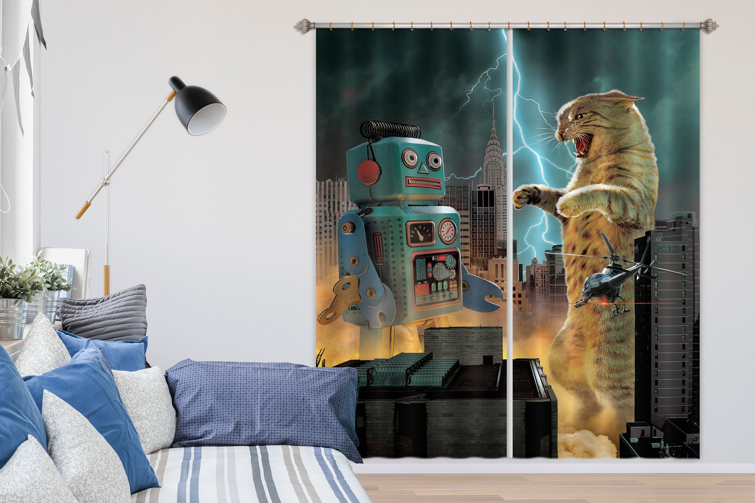 3D Catzilla Vs Robot Def 020 Vincent Hie Curtain Curtains Drapes