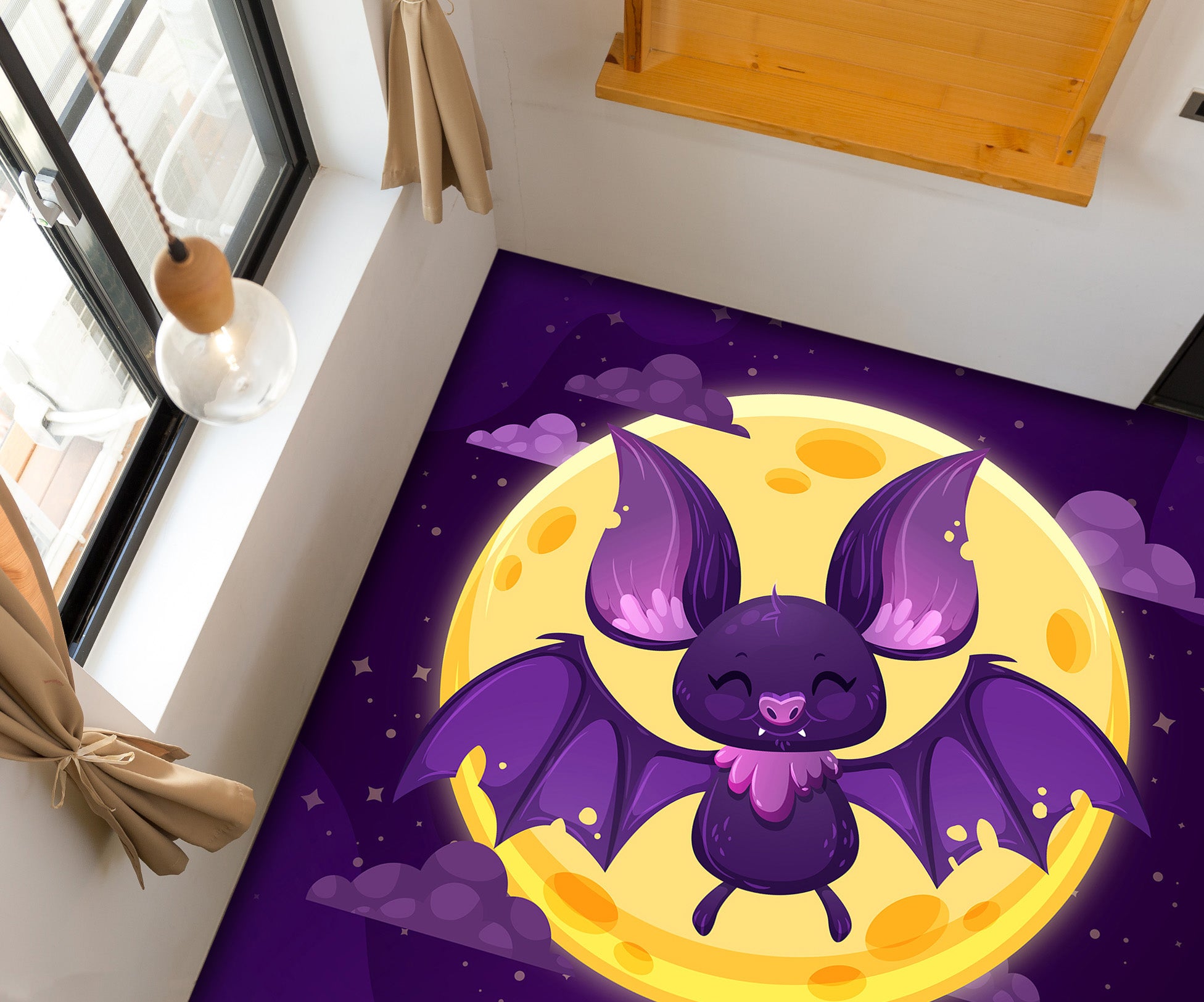 3D Moon Bat 001 Floor Mural Self-Adhesive Sticker Bathroom Non-slip Waterproof Flooring Murals