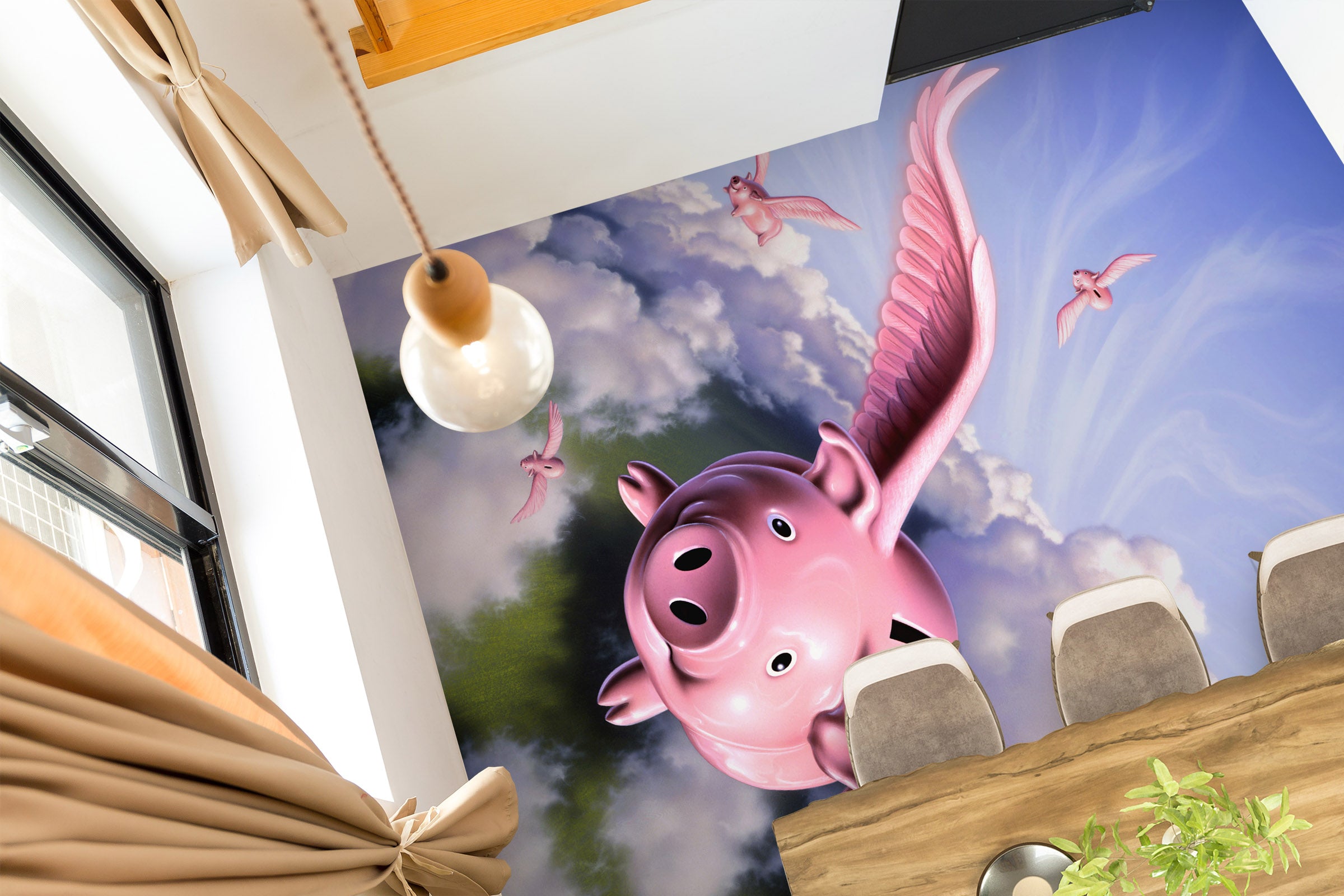 3D Sky Cloud Pink Flying Pig 96224 Jerry LoFaro Floor Mural Wallpaper Murals Self-Adhesive Removable Print Epoxy