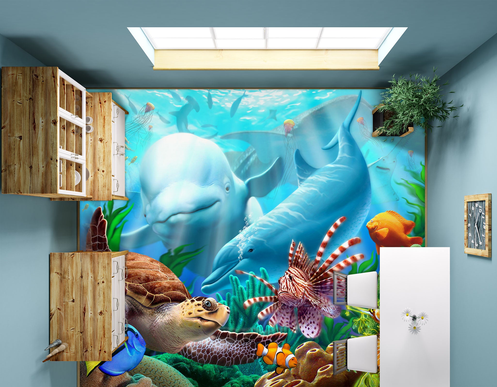 3D Ocean Dolphin Turtle Fish 96222 Jerry LoFaro Floor Mural Wallpaper Murals Self-Adhesive Removable Print Epoxy