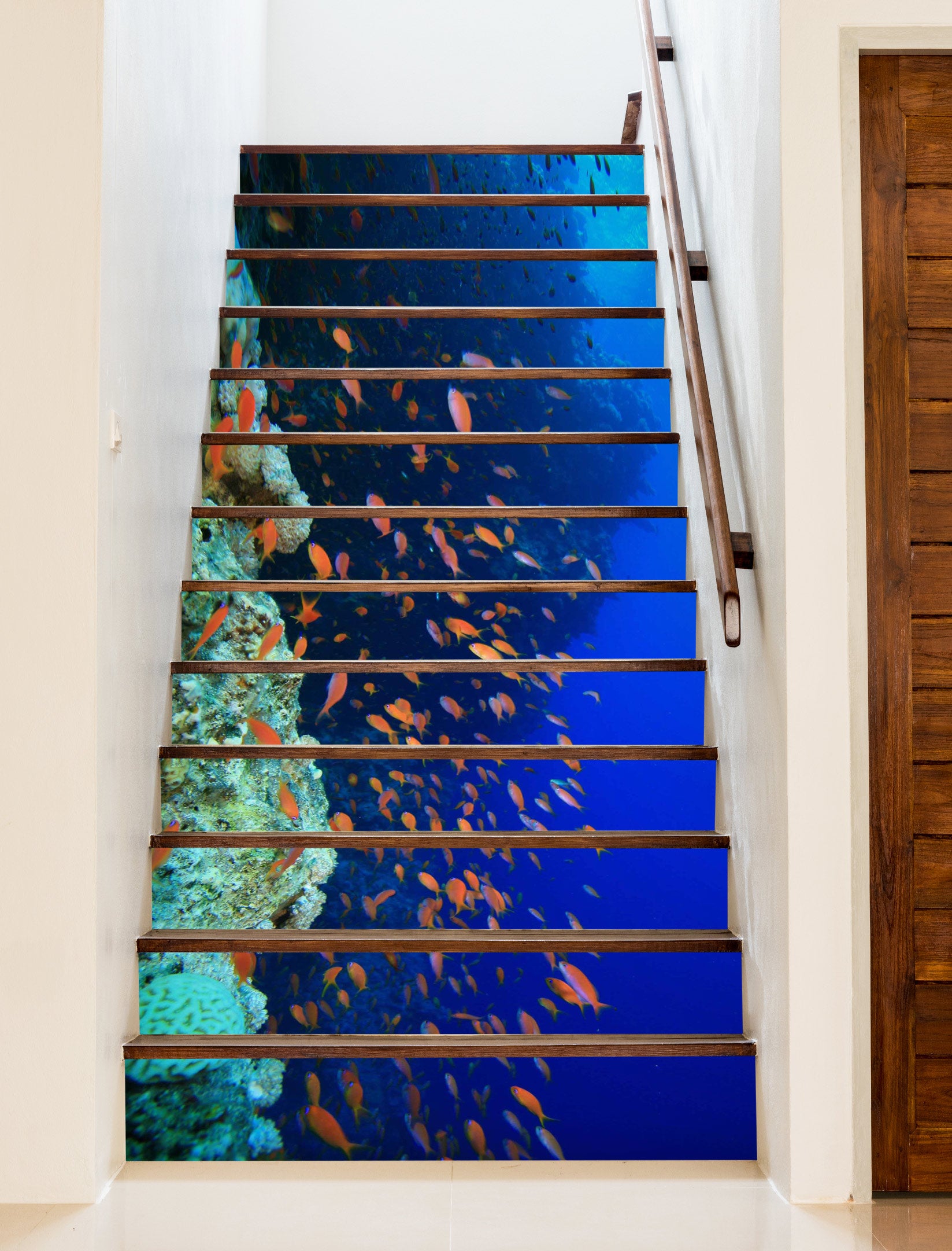 3D Blue Sea Fish School 392 Stair Risers