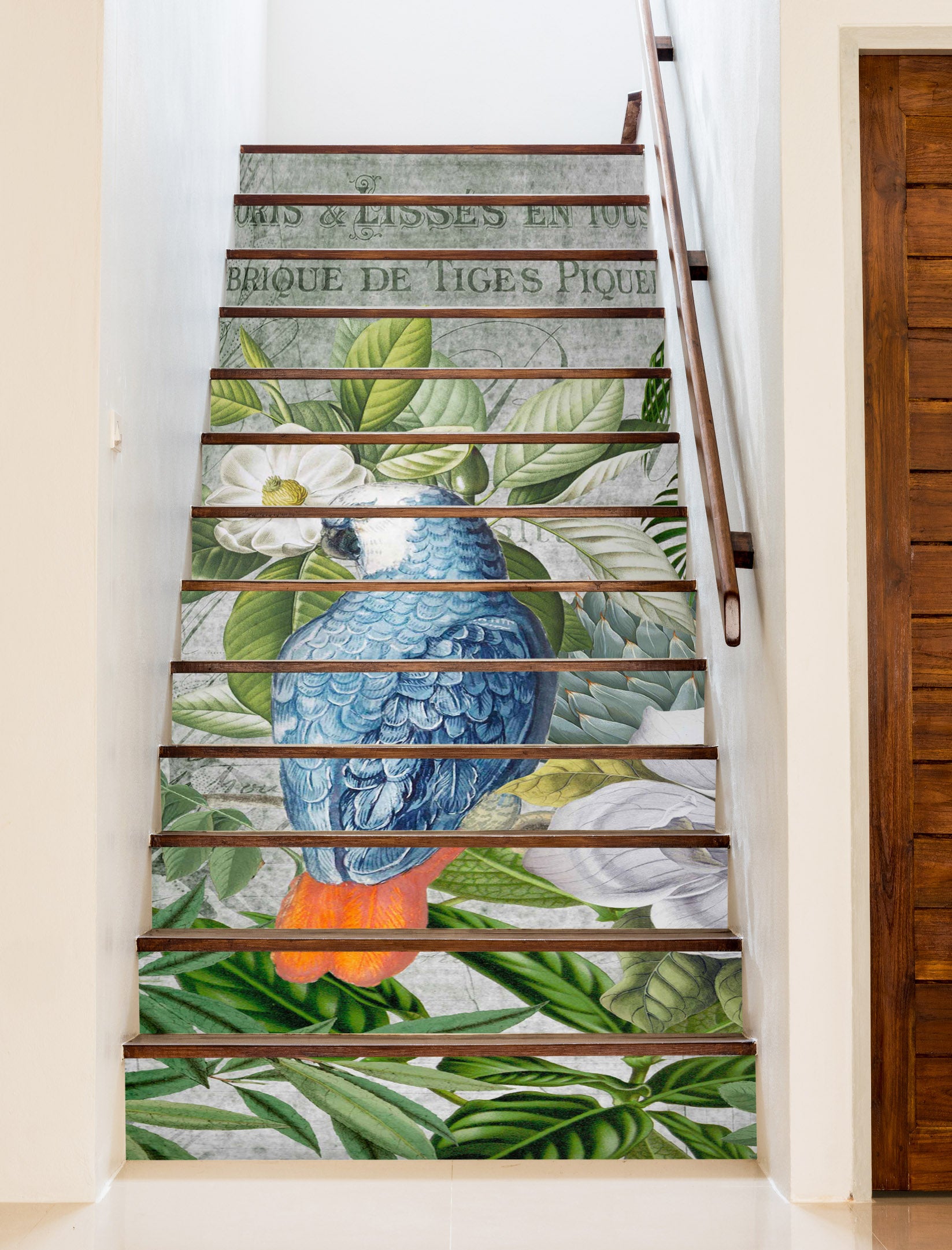 3D Blue Parrot White Flower 11019 Andrea Haase Stair Risers