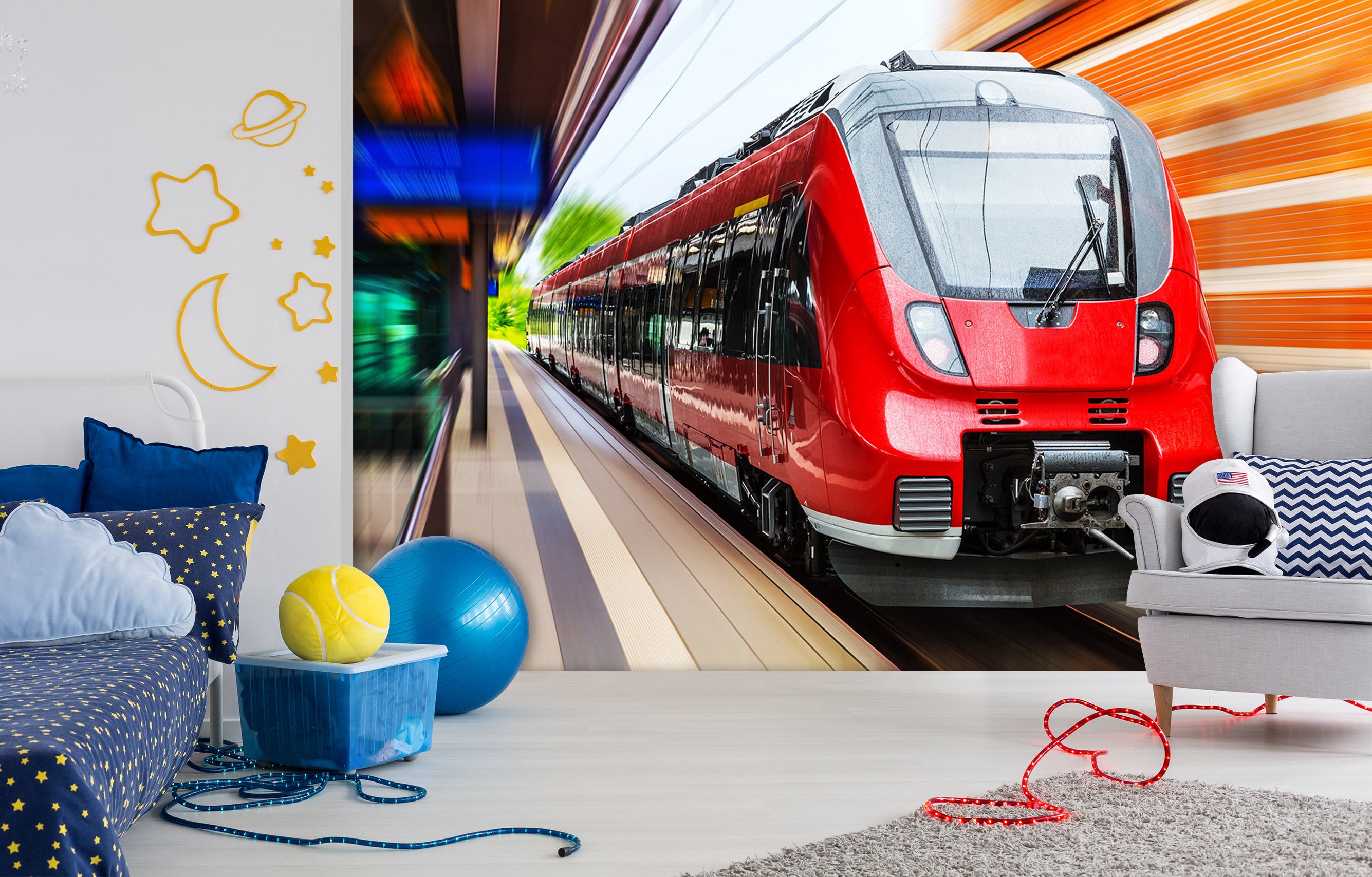 3D Red Locomotive 170 Vehicle Wall Murals