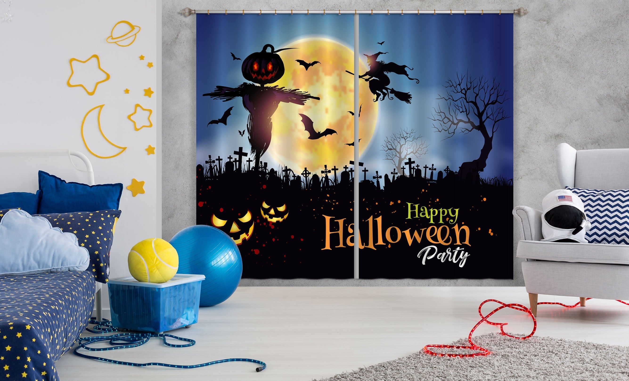 3D Cemetery Scarecrow 026 Halloween Curtains Drapes Curtains AJ Creativity Home