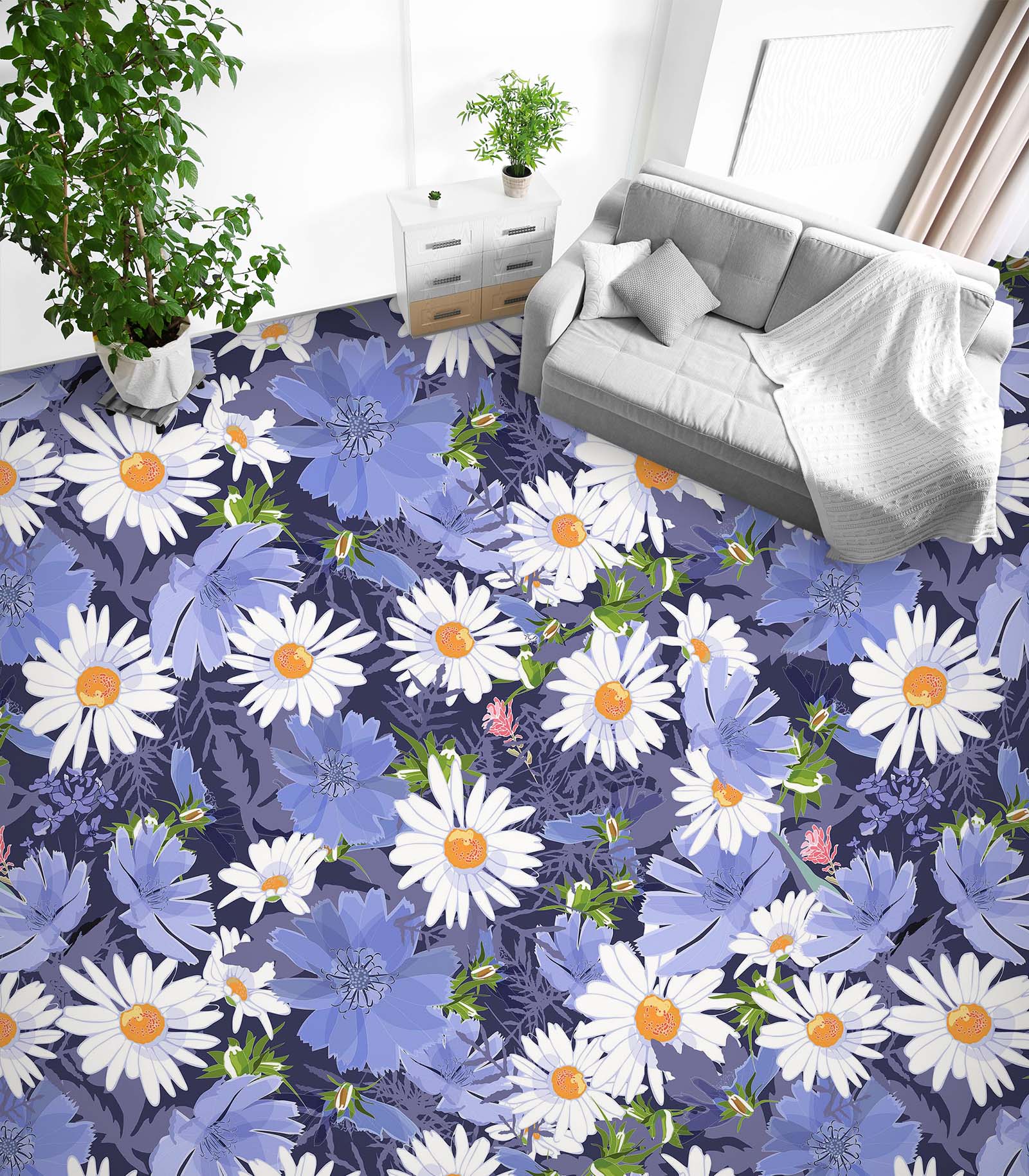 3D Daisies And Purple Leaves 1224 Floor Mural Wallpaper Murals Self-Adhesive Removable Print Epoxy