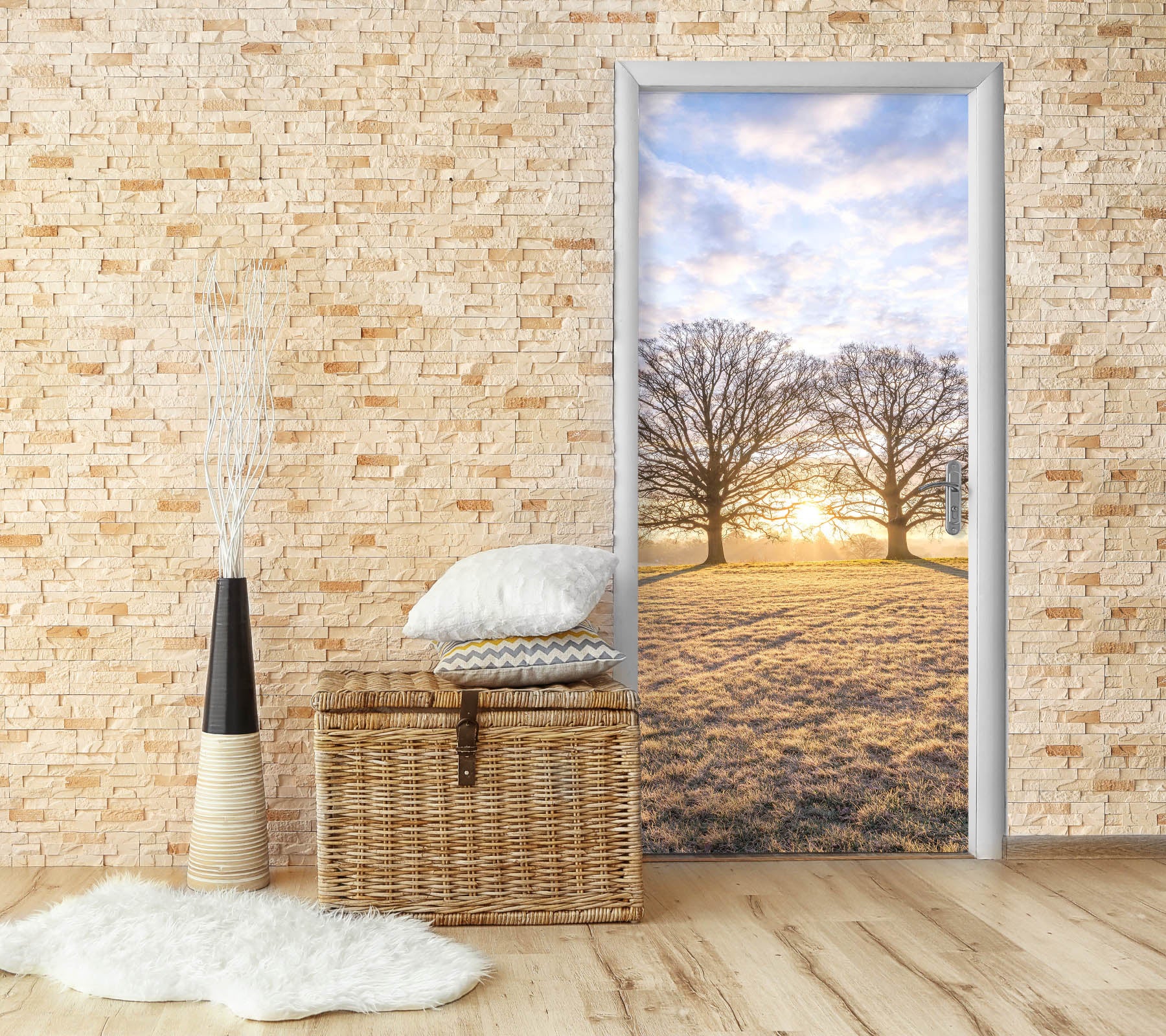 3D Two Trees Grass Sky 10241 Assaf Frank Door Mural