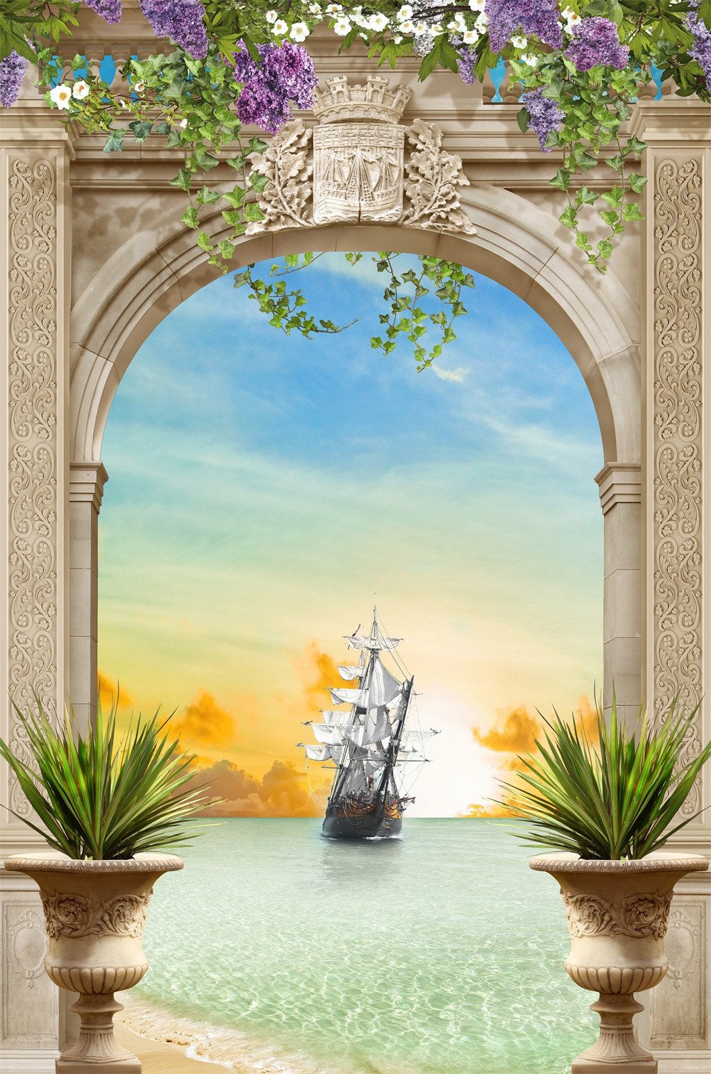 3D arch sailing sea door mural Wallpaper AJ Wallpaper