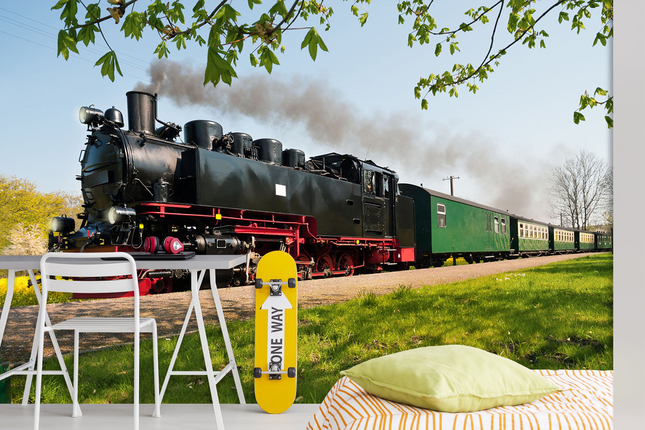 3D Tree Train Smoke 159 Vehicle Wall Murals