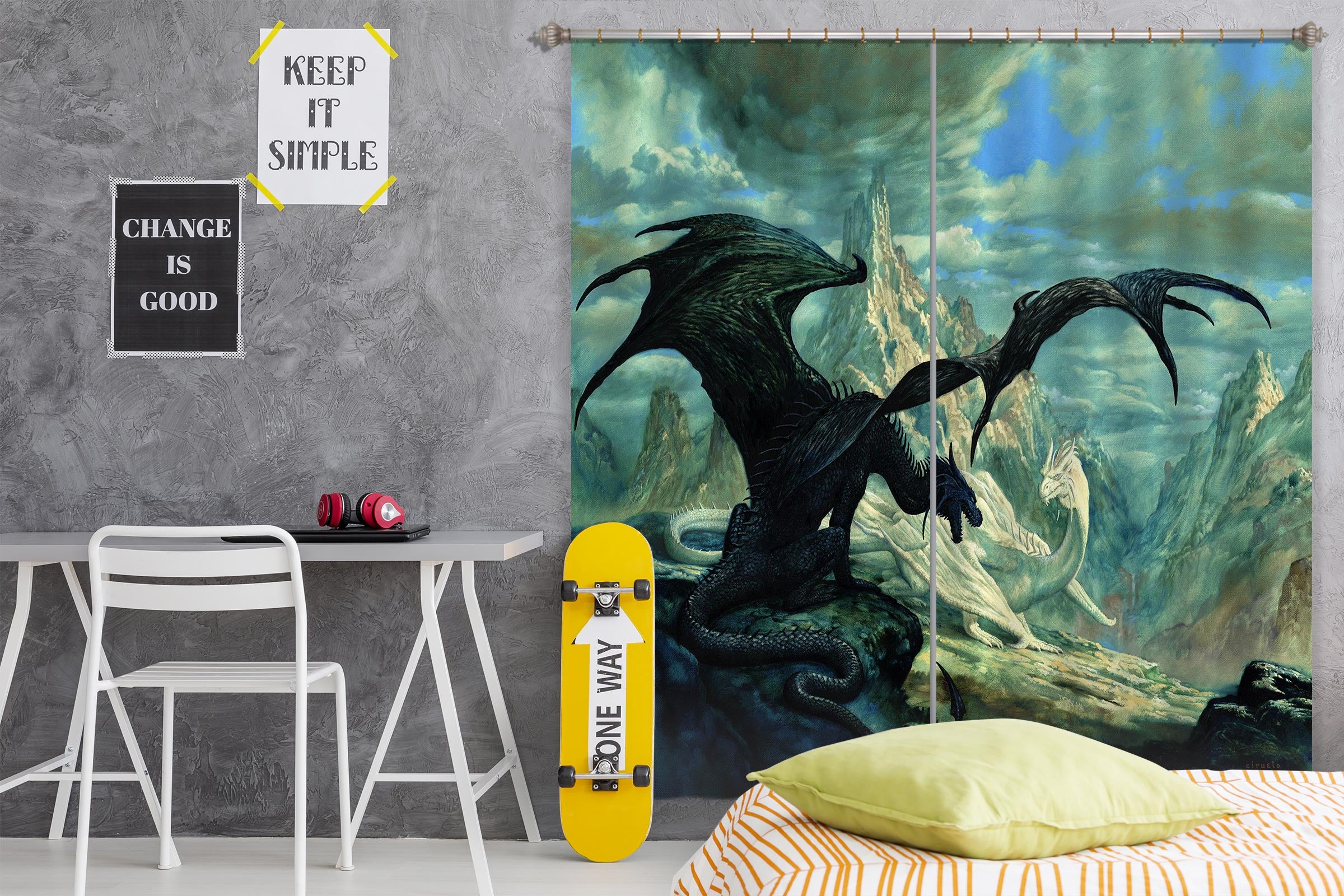 3D Snow Mountain Black White Dragon 7223 Ciruelo Curtain Curtains Drapes