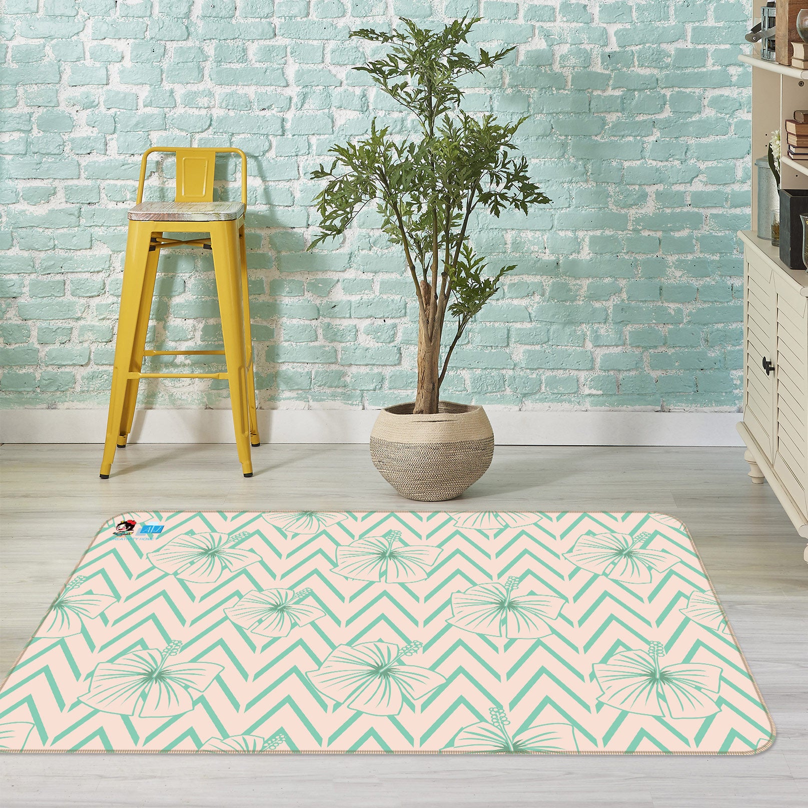 3D Green Striped Flower Lines 9874 Kasumi Loffler Rug Non Slip Rug Mat