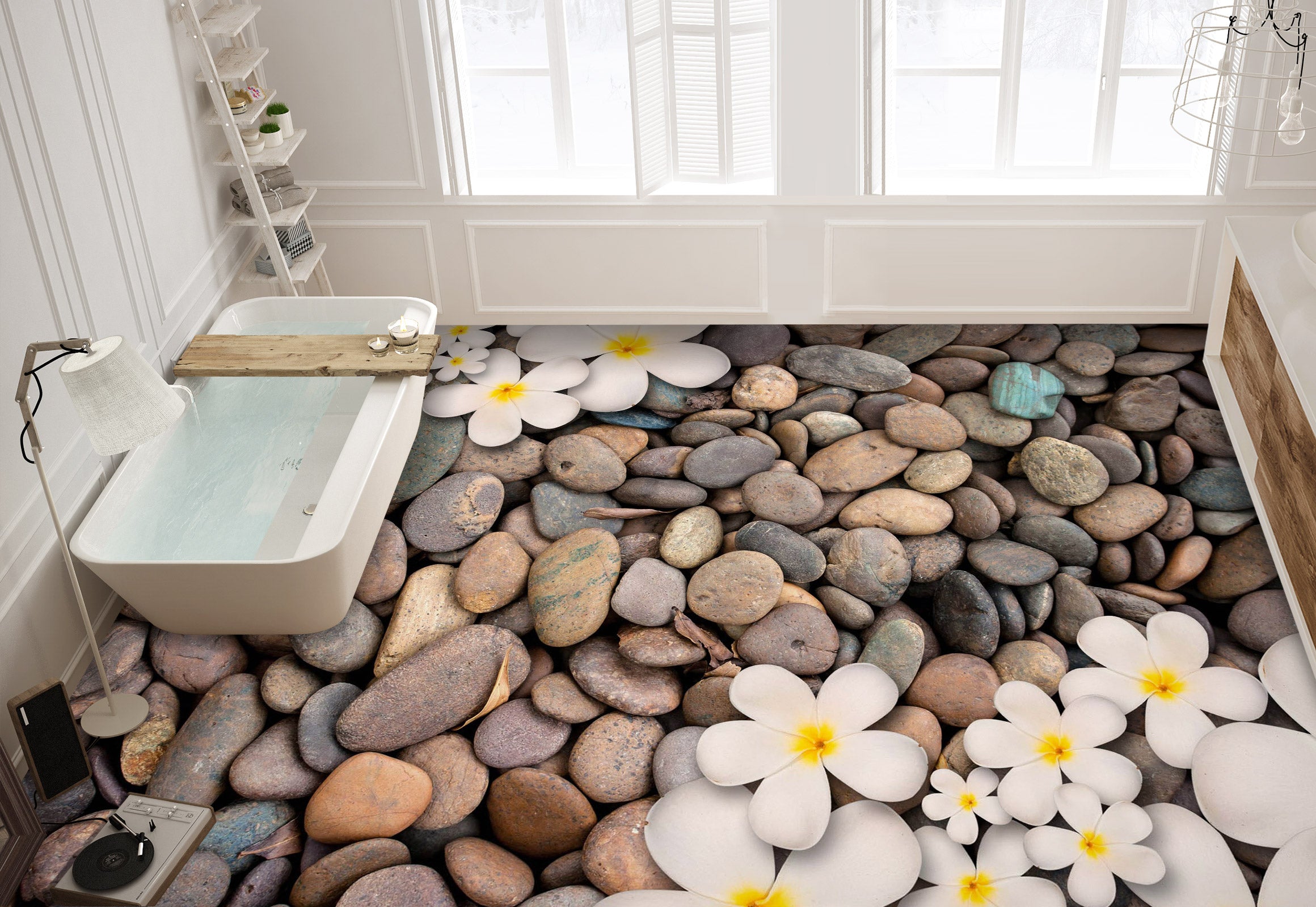 3D Stones And Gentle Flowers 1025 Floor Mural Wallpaper Murals Self-Adhesive Removable Print Epoxy