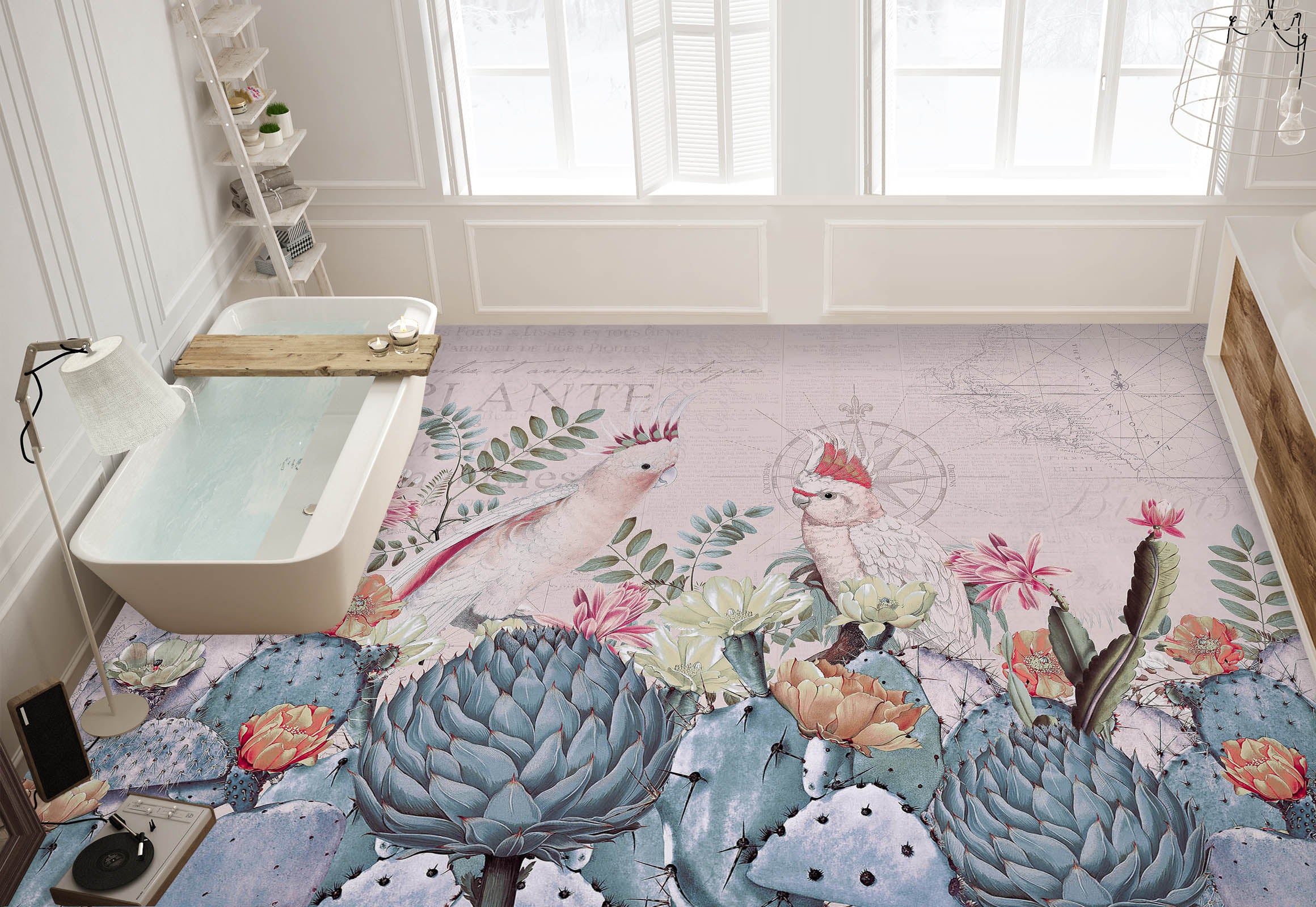 3D Cactus Flower Bush Parrot 104141 Andrea Haase Floor Mural Wallpaper Murals Self-Adhesive Removable Print Epoxy