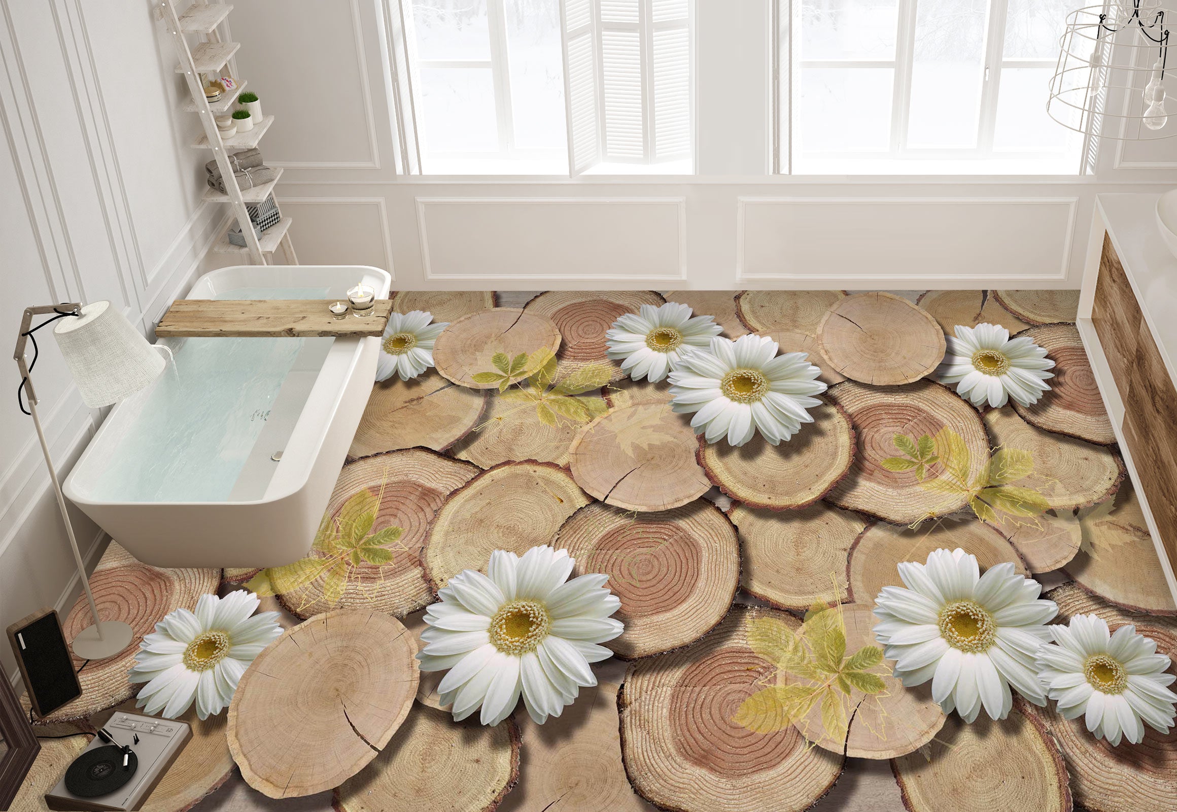 3D Tree Stump And Daisies 421 Floor Mural