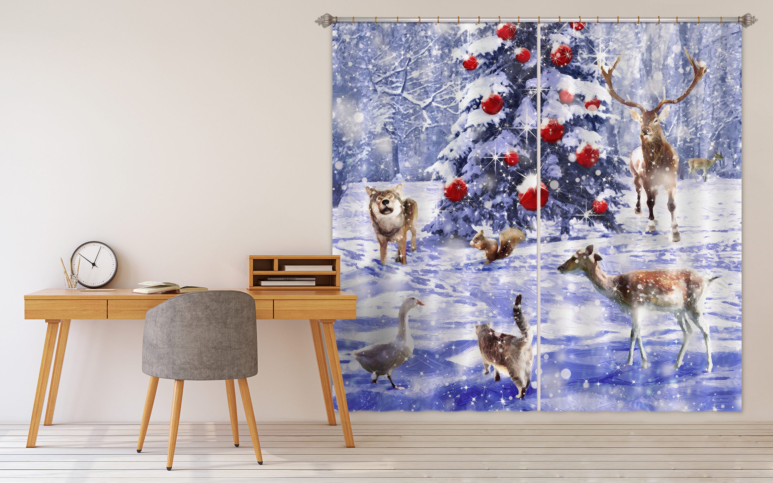 3D Snow Tree Deer 53078 Christmas Curtains Drapes Xmas
