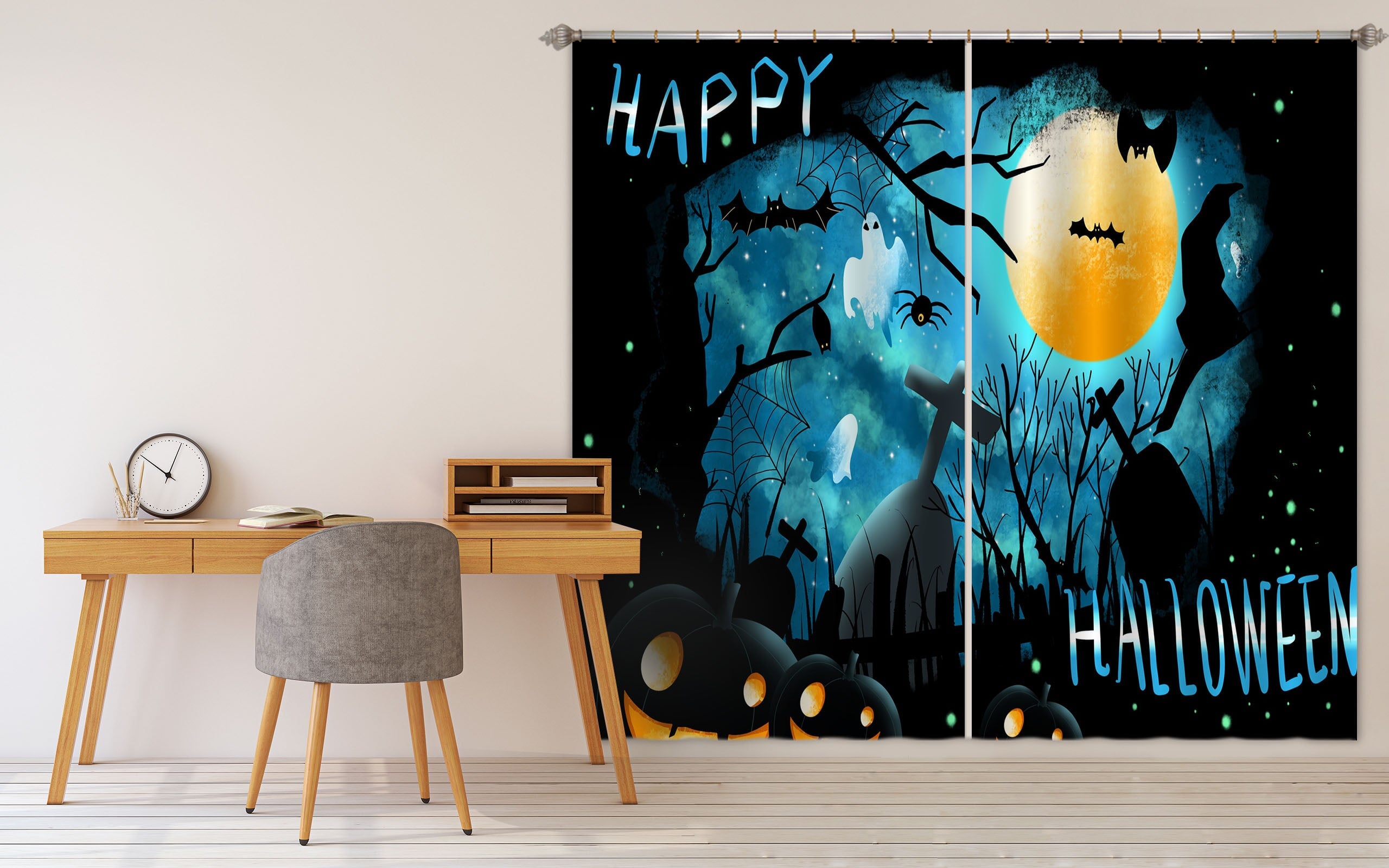 3D Moon Bat Graveyard 025 Halloween Curtains Drapes Curtains AJ Creativity Home