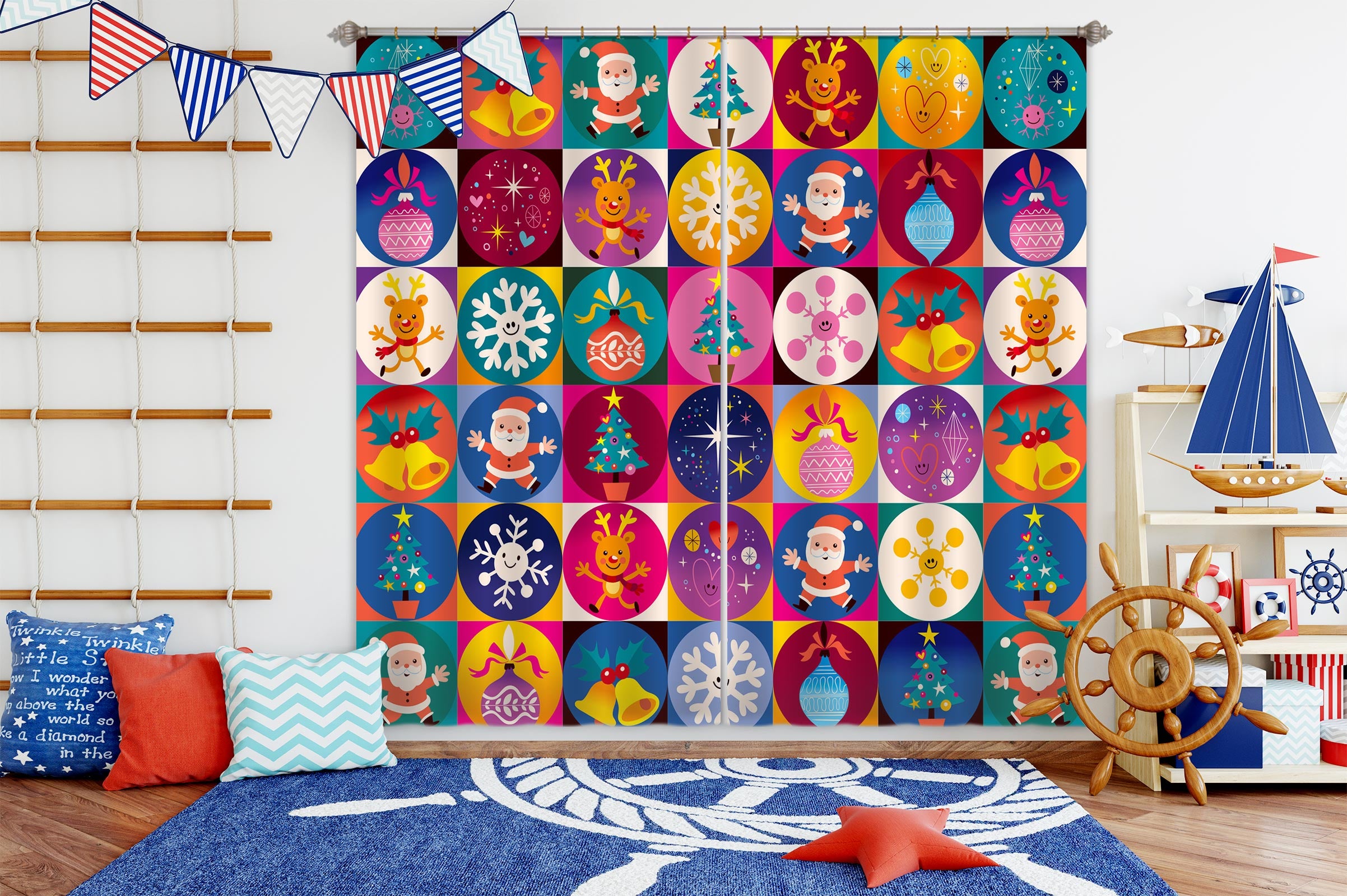 3D Snowflake Santa Circle Pattern 53077 Christmas Curtains Drapes Xmas