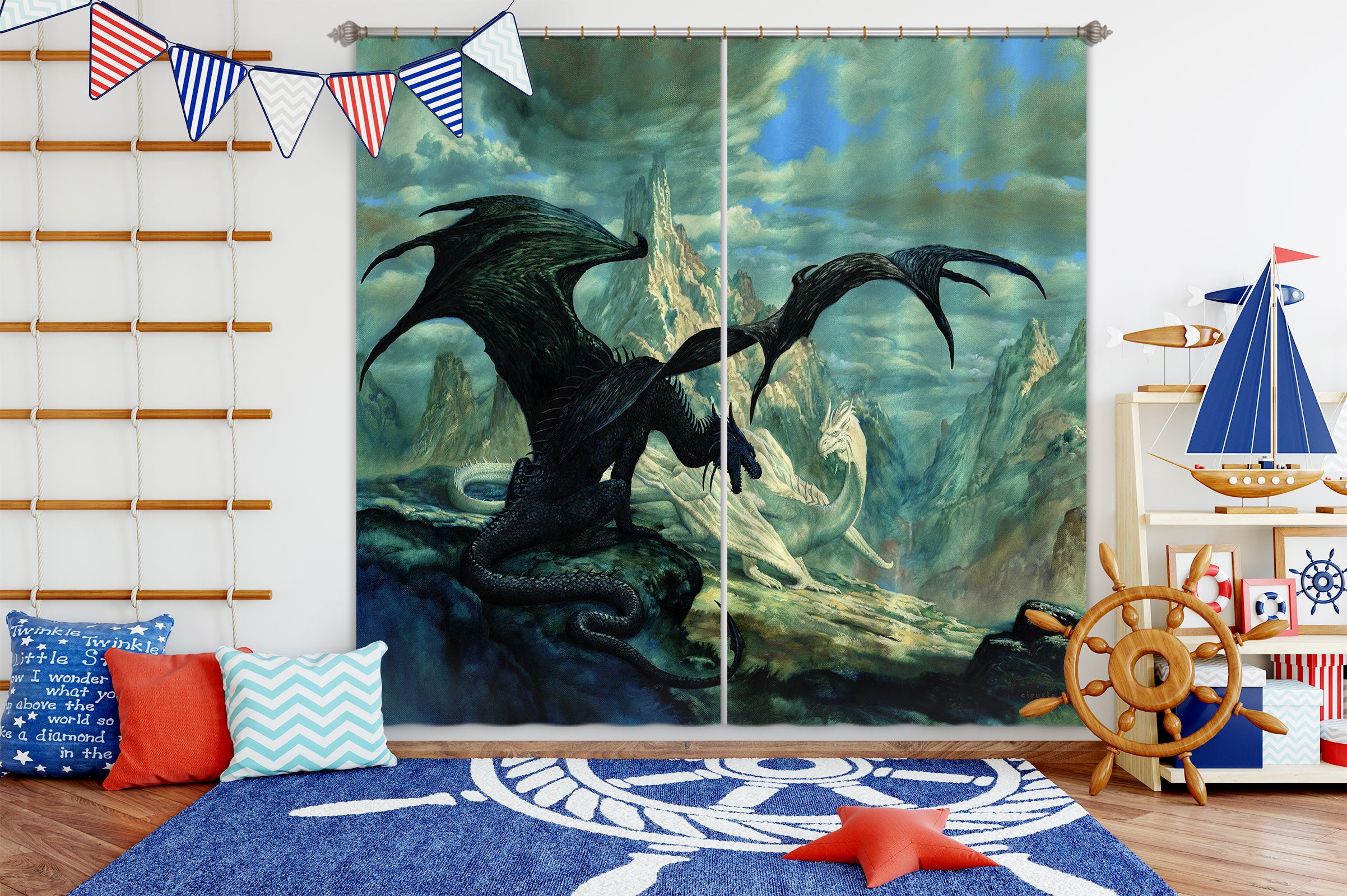 3D Snow Mountain Black White Dragon 7223 Ciruelo Curtain Curtains Drapes