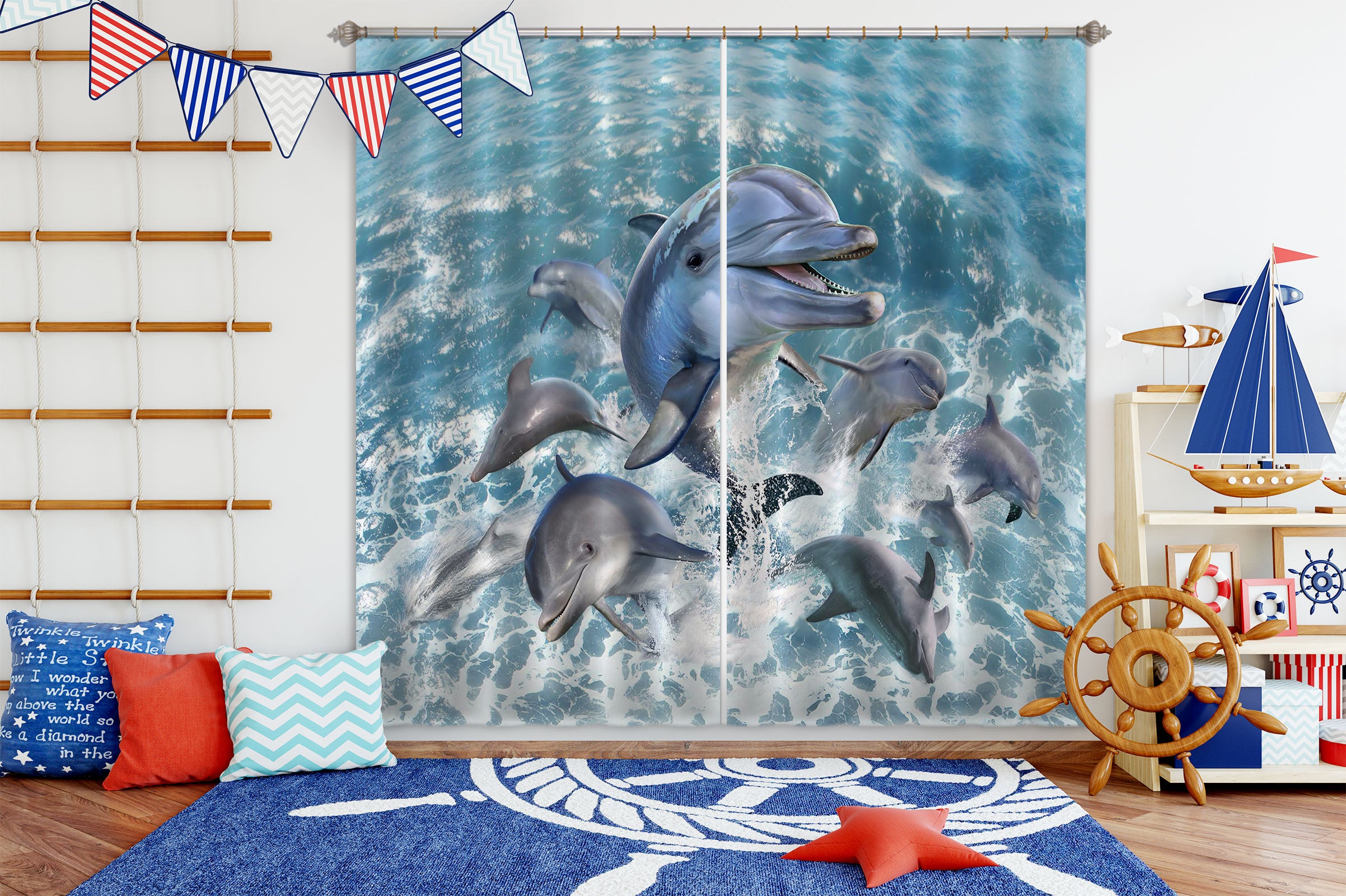 3D Dolphin Jump 042 Jerry LoFaro Curtain Curtains Drapes