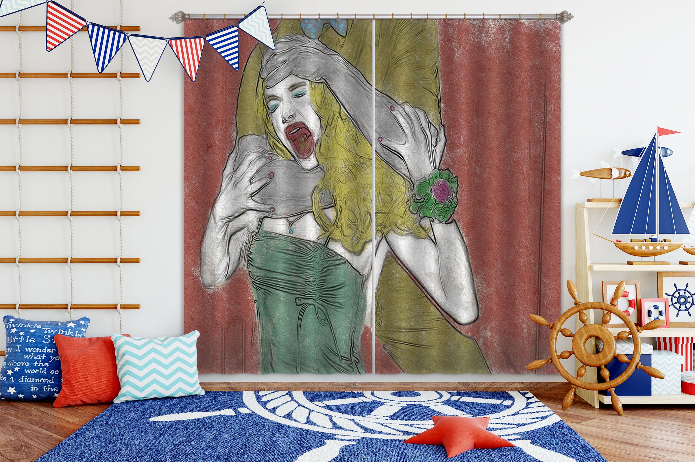 3D Long Haired Girl 047 Marco Cavazzana Curtain Curtains Drapes