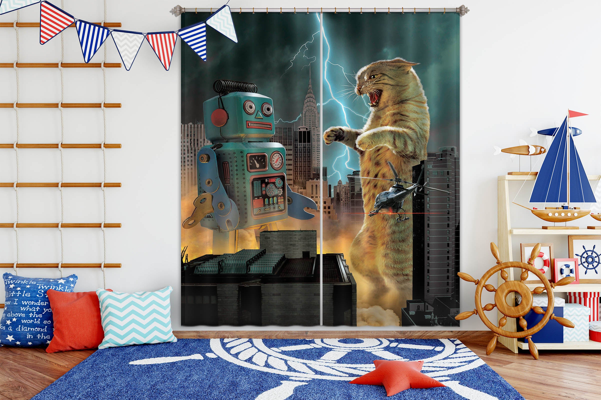 3D Catzilla Vs Robot Def 020 Vincent Hie Curtain Curtains Drapes