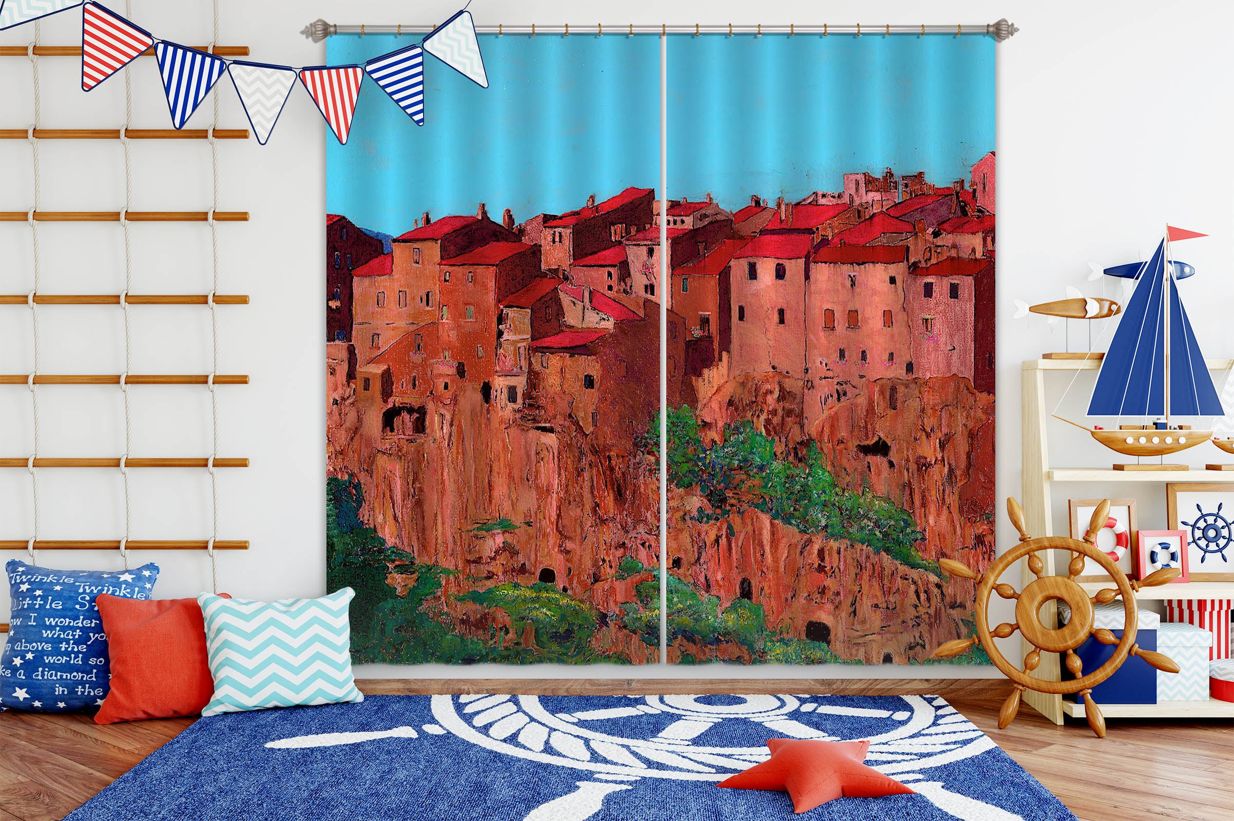 3D Red Village 102 Allan P. Friedlander Curtain Curtains Drapes