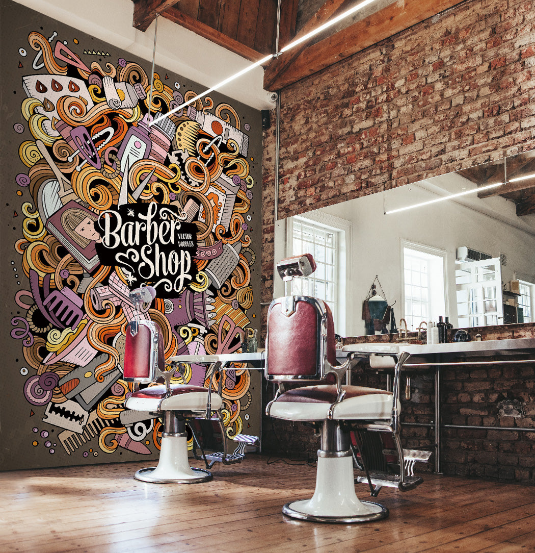 3D Barber Utensils Doodle Pattern 115213 Barber Shop Wall Murals